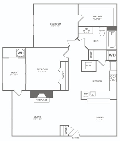 Two Bedroom One Bath (967 SF)