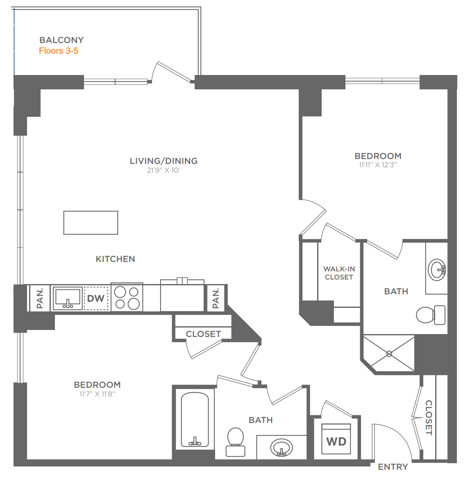Two Bedroom Two Bath (1,046 SF)