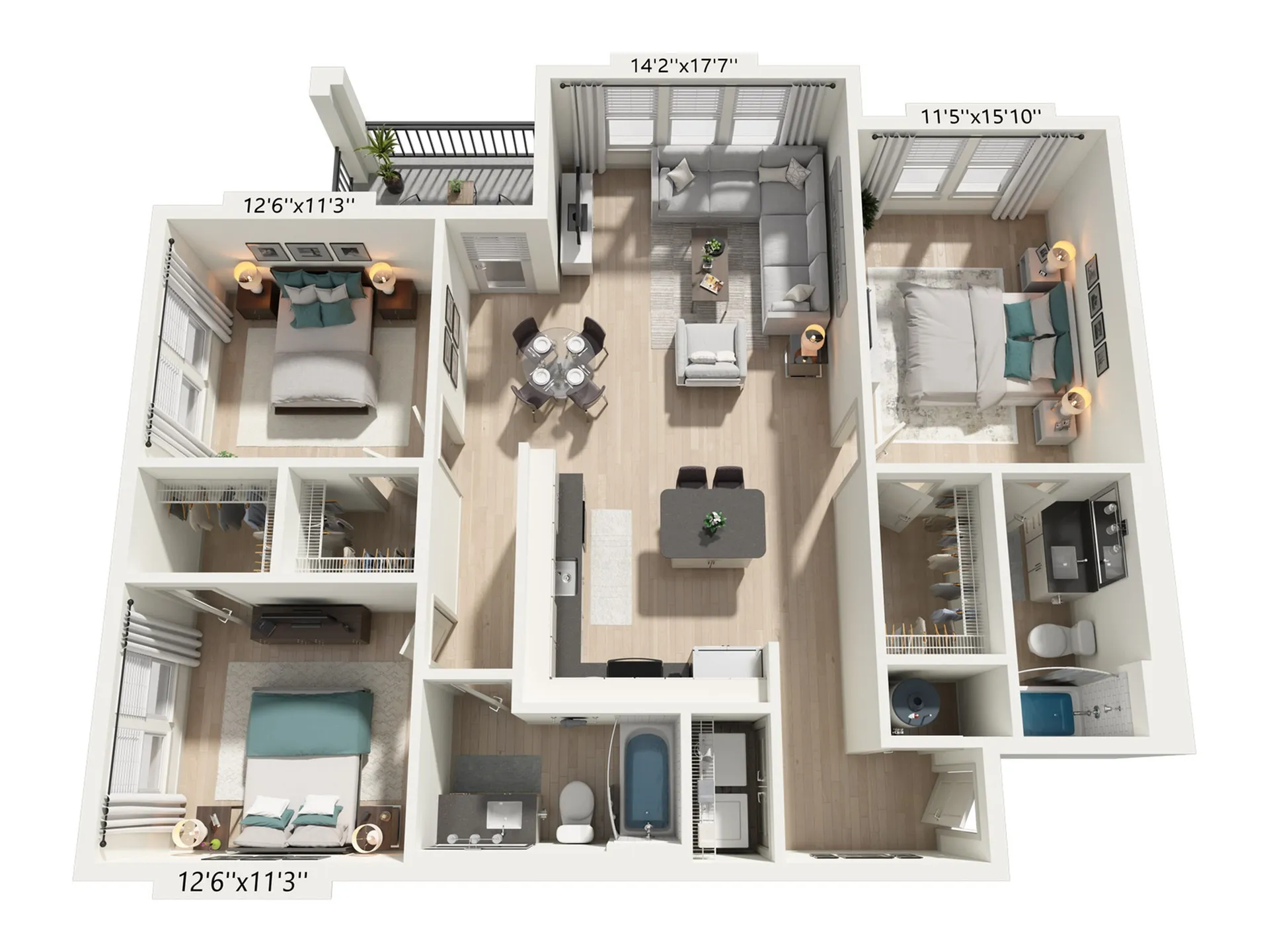Floor plan map for a three bedroom unit at Marlowe Ridgeview Apartments in Davenport, Florida, with room dimensions.