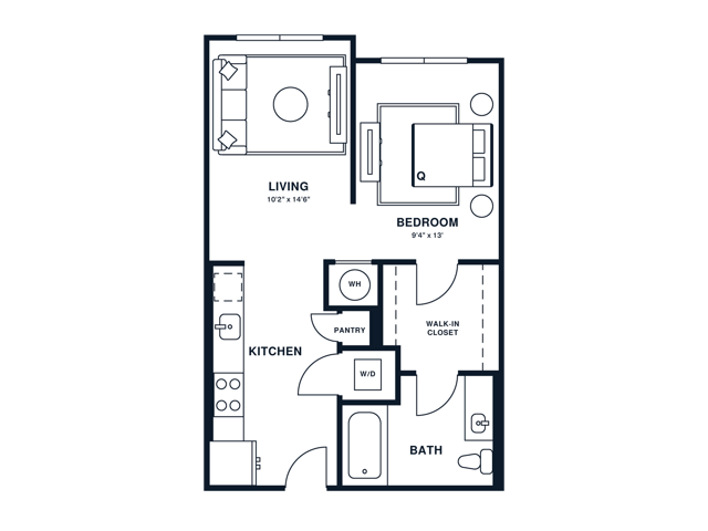 Floor plan map for a studio apartment at Flats at General Times in Athens, GA, featuring labeled rooms with dimensions.