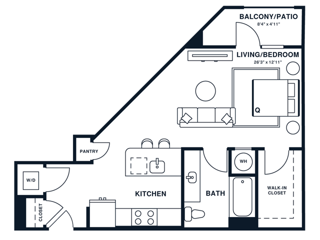 Floor plan map for a studio apartment at Flats at General Times in Athens, GA, featuring labeled rooms with dimensions.
