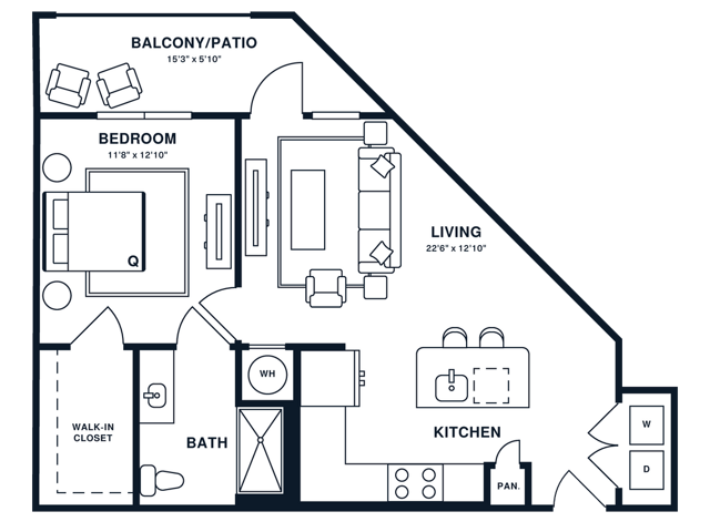 Floor plan map for a one bedroom apartment at Flats at General Times in Athens, GA, featuring labeled rooms with dimensions.