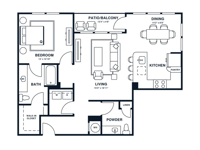 Floor plan map for a one bedroom apartment at Flats at General Times in Athens, GA, featuring labeled rooms with dimensions.