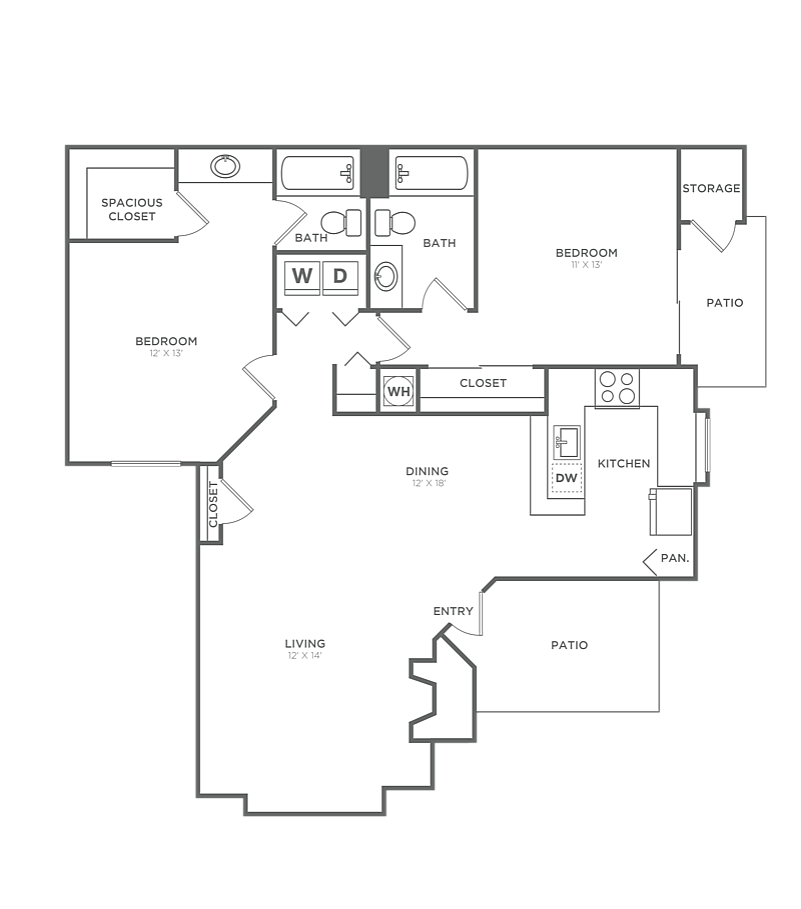 Two Bedroom Two Bath (995 SF)