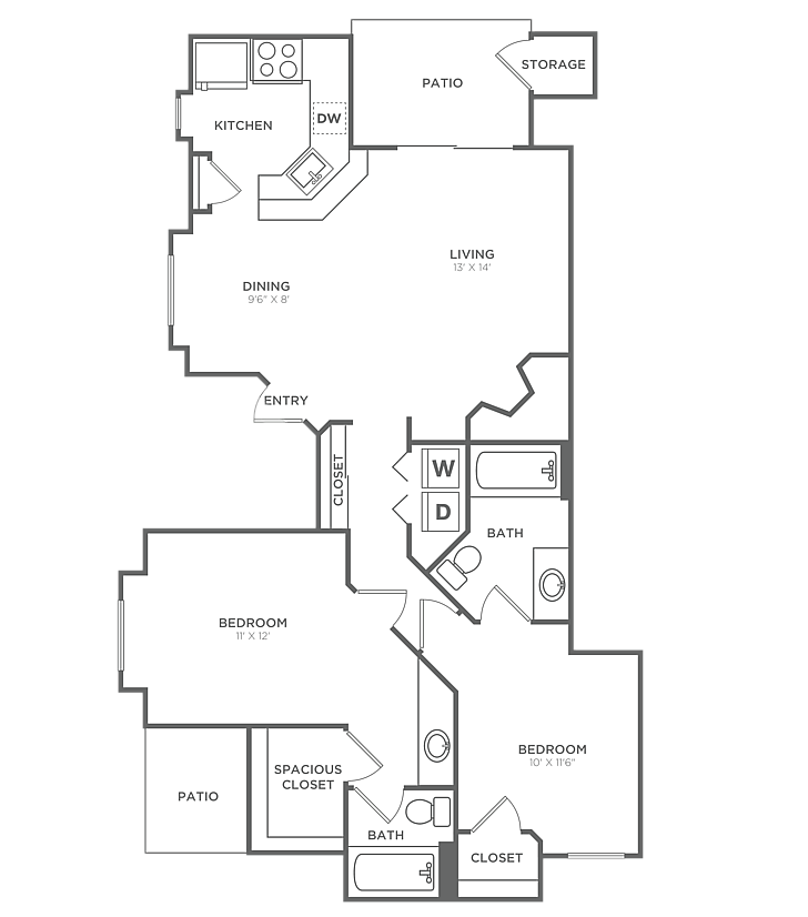 Two Bedroom Two Bath (1062 SF)