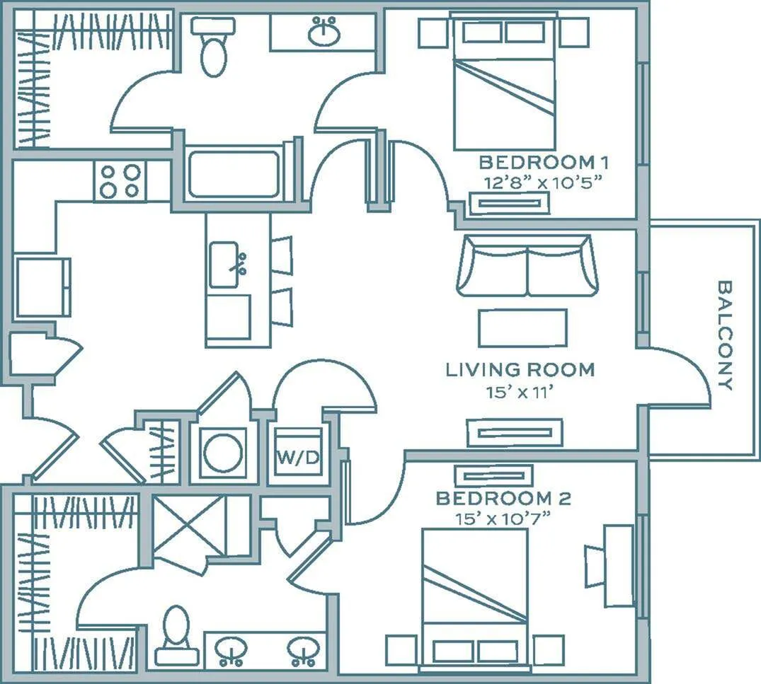 Two Bedroom Two Bath (1075 SF)