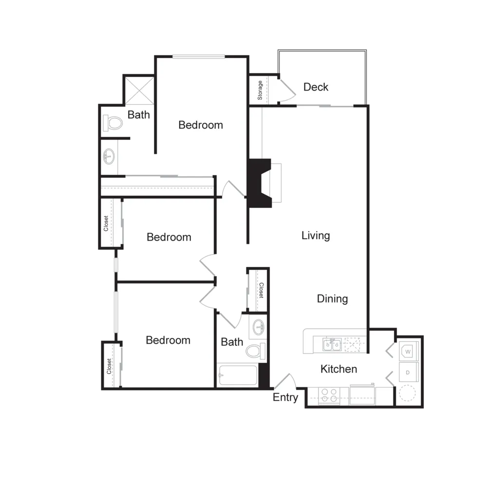 Three Bedroom, Two Bathroom (1217 sq ft)