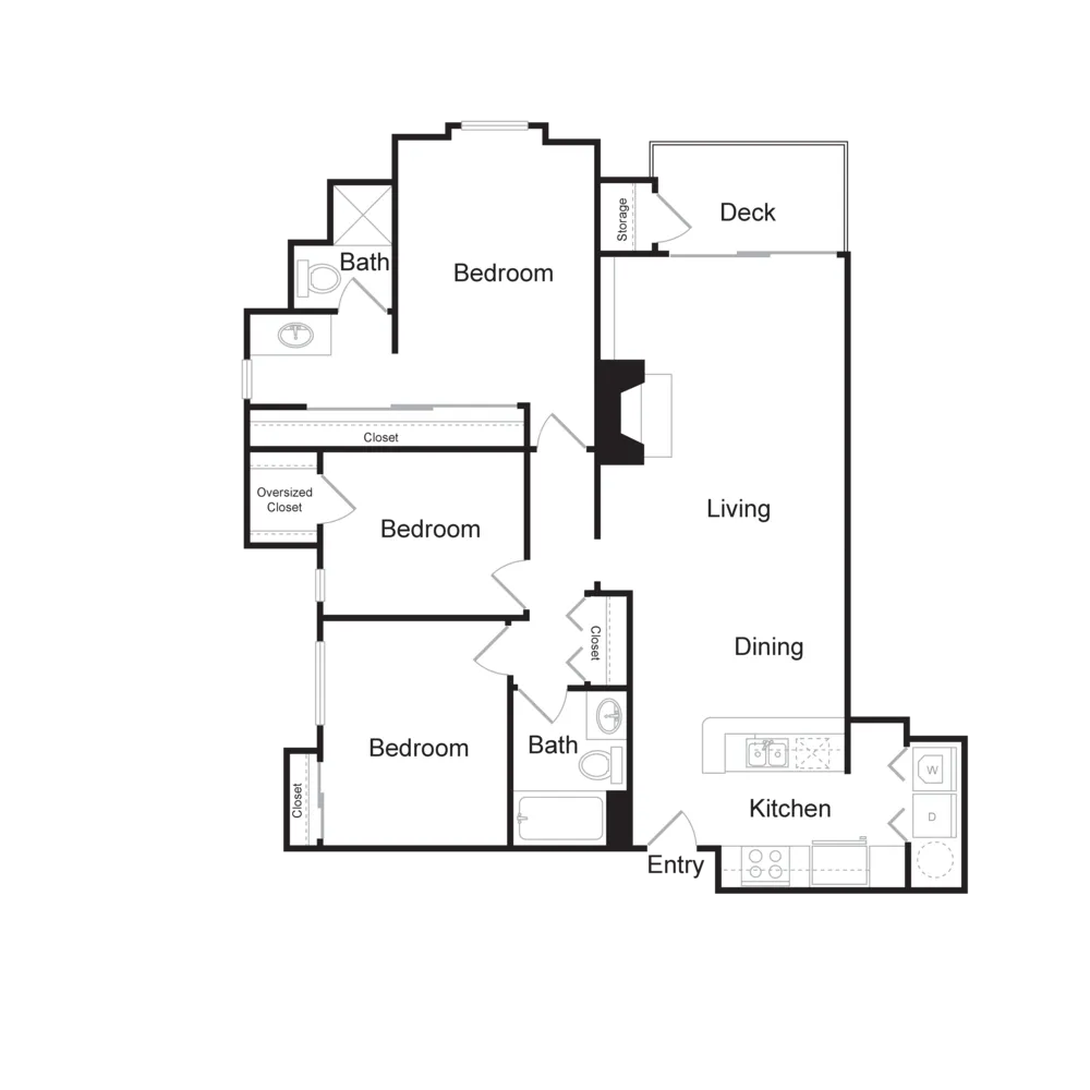 Three Bedroom, Two Bathroom (1243 sq ft)