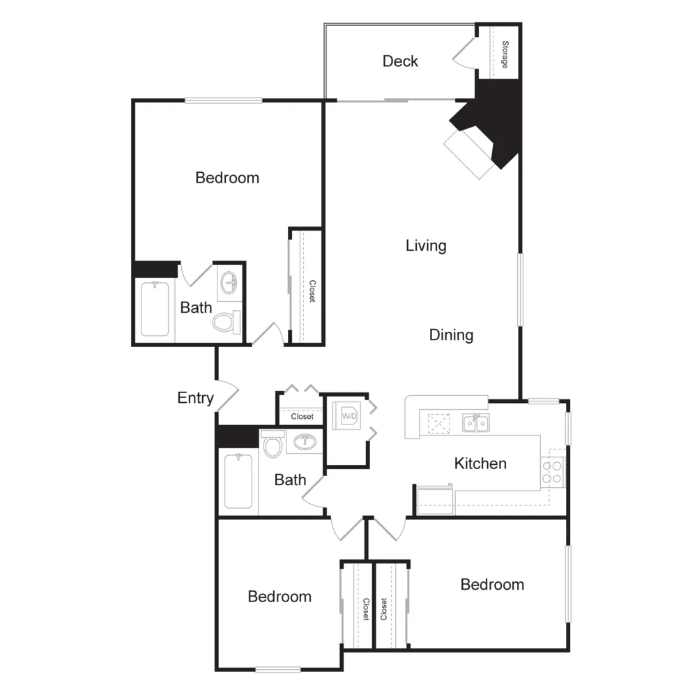 Three Bedroom, Two Bathroom (1245 sq ft)