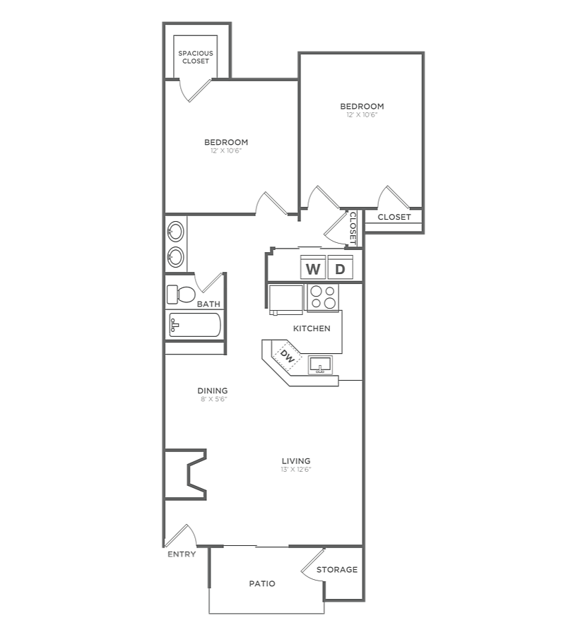 Two Bedroom One Bath (866 SF)