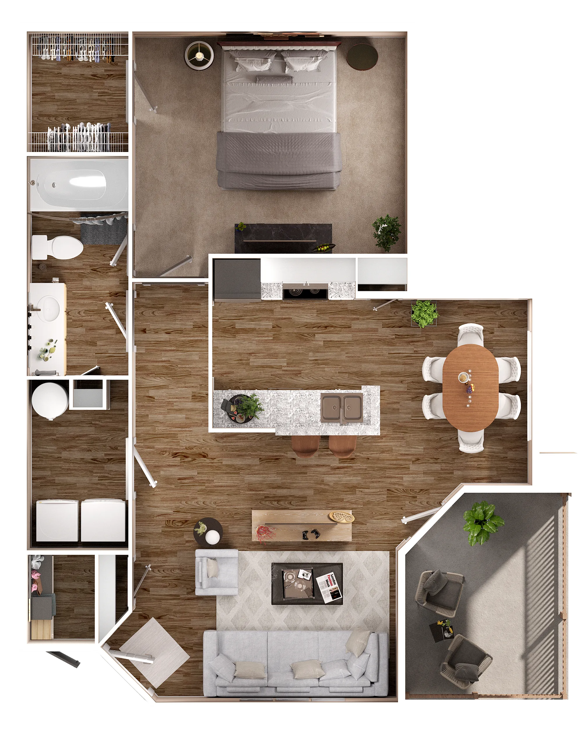 Elegant floor plan featuring a spacious single bedroom, modern open-concept kitchen and dining area, inviting living room, and private balcony with vibrant decor.