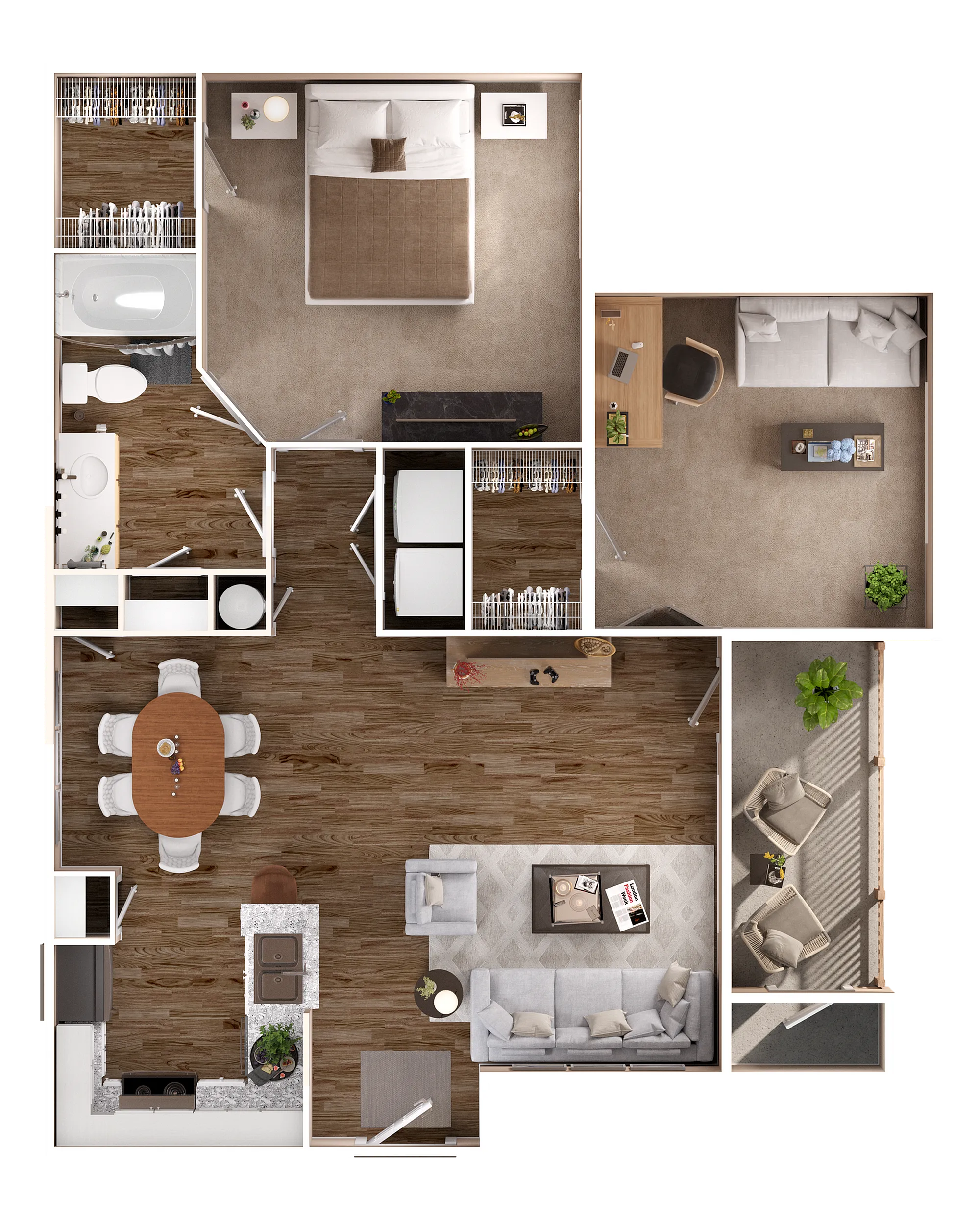 Elegant floor plan featuring a spacious bedroom, open-concept living and dining area, modern kitchen, cozy home office, and private balcony with seating.