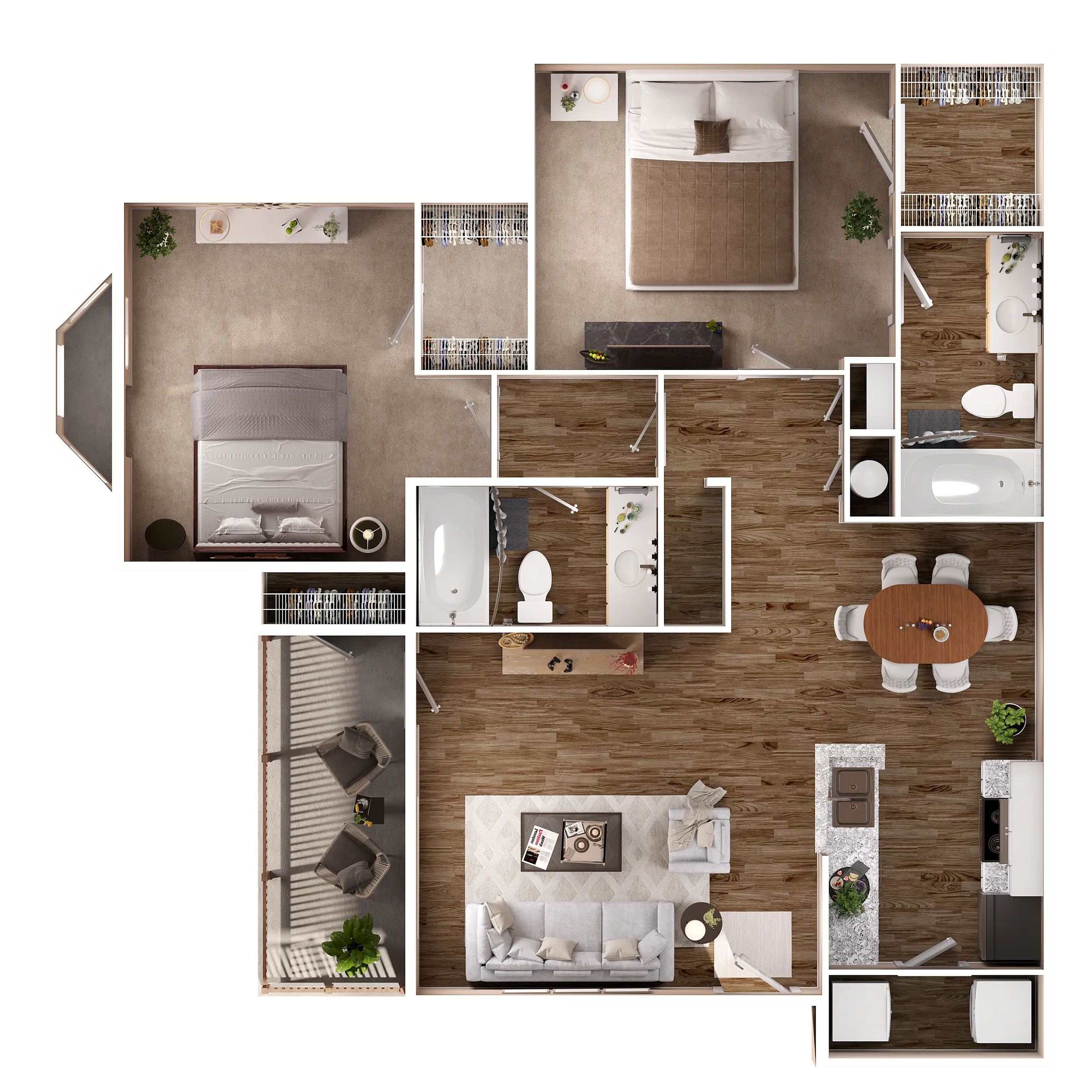 Modern floor plan showcasing 2 spacious bedrooms, stylish open-concept living and dining area, and a contemporary kitchen with adjacent balcony for outdoor relaxation.