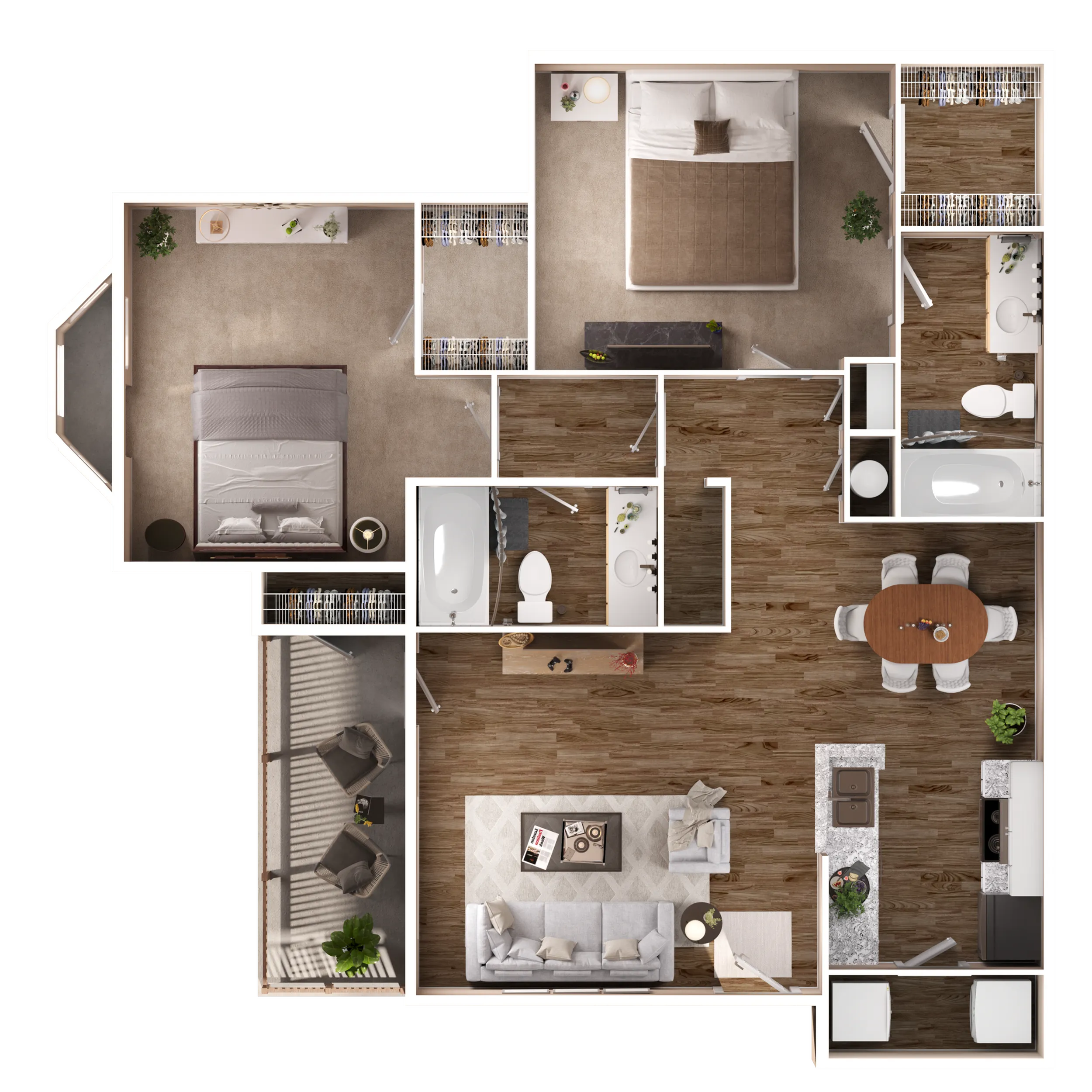 Elegant 2D floor plan showcasing 2 spacious bedrooms, an open-concept living room, and a modern kitchen with dining area, plus a stylish balcony.
