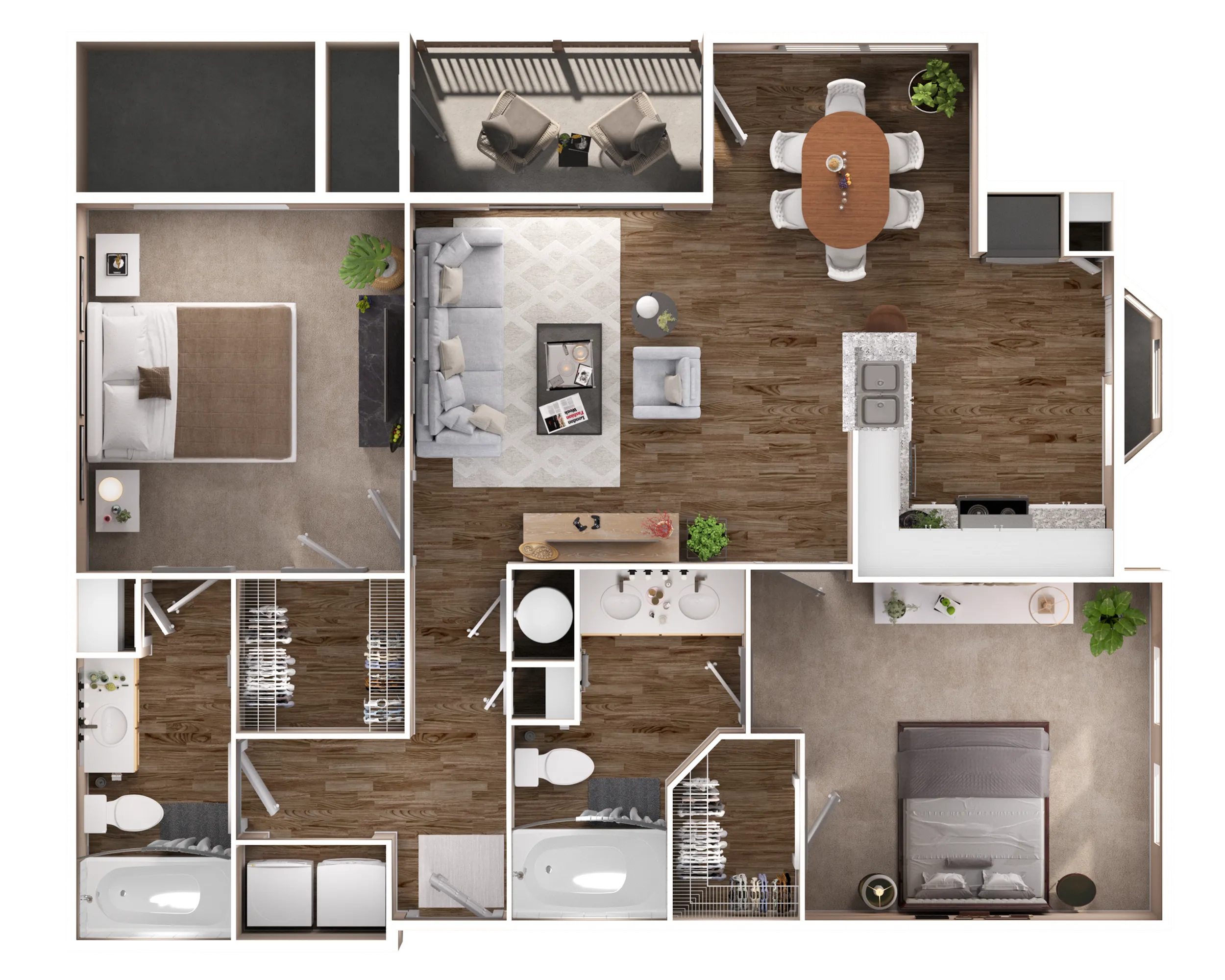Modern floor plan with two spacious bedrooms, two bathrooms, open-concept living area, and sleek kitchen with island. Includes a cozy balcony for outdoor relaxation.