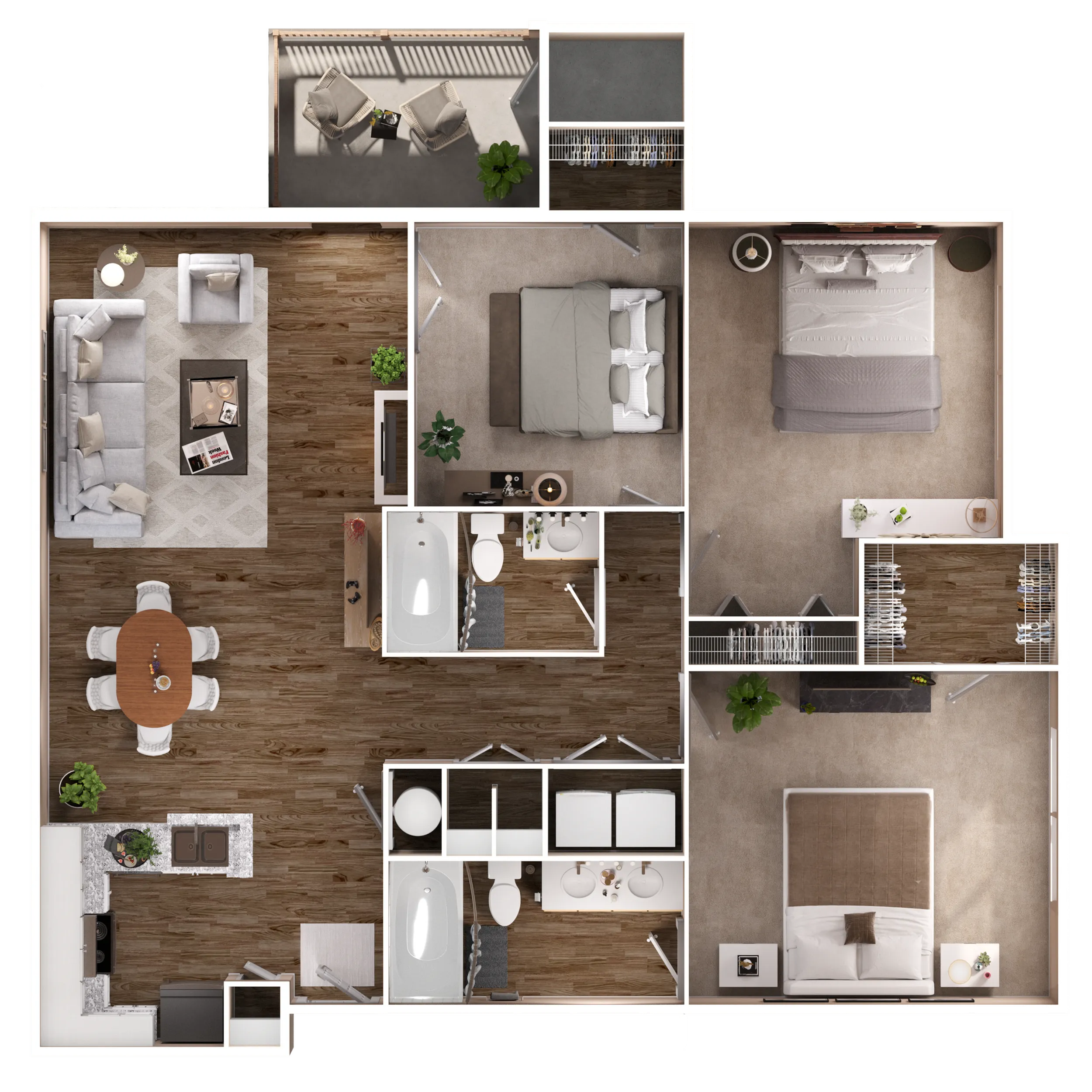 Modern 3-bedroom apartment floor plan featuring an open-concept living area, spacious kitchen with dining space, two elegant bathrooms, and a cozy balcony for relaxation.