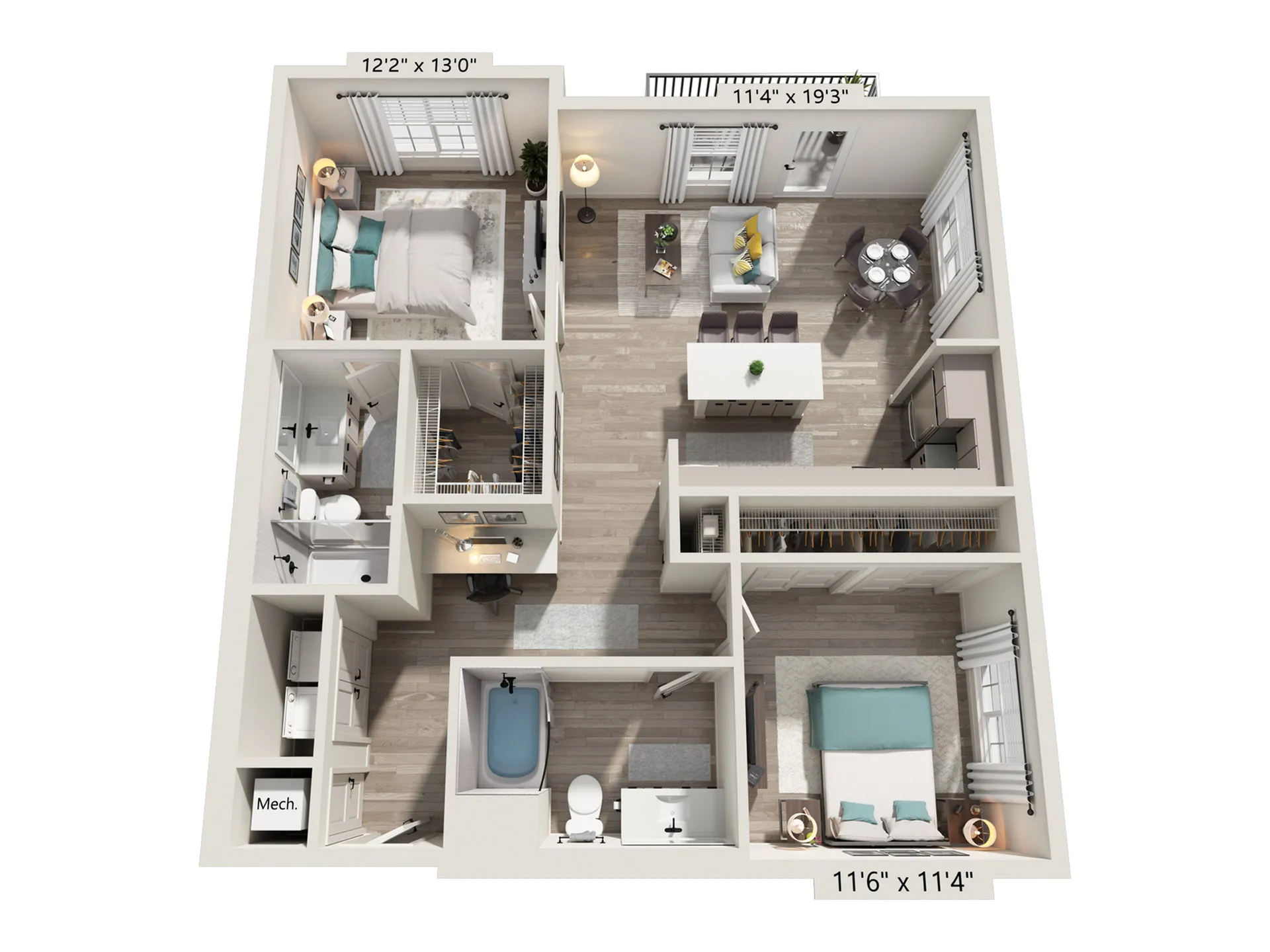 Modern 3D floor plan showcasing 2 cozy bedrooms, elegant open-concept living and dining area, spacious kitchen, and two well-appointed bathrooms.