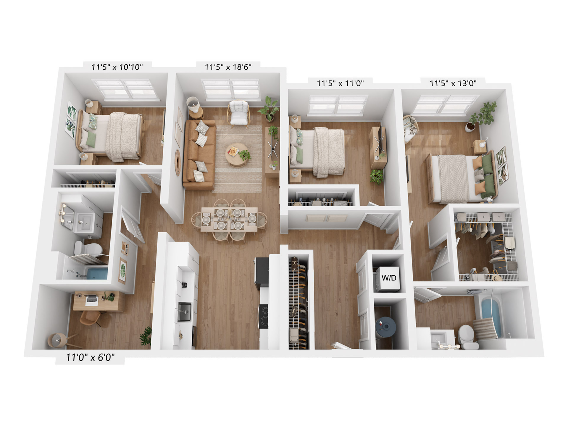 Charming 3D floor plan showcasing 3 cozy bedrooms, inviting living area, elegant dining space, and modern kitchen. Includes two sleek bathrooms and convenient laundry area.