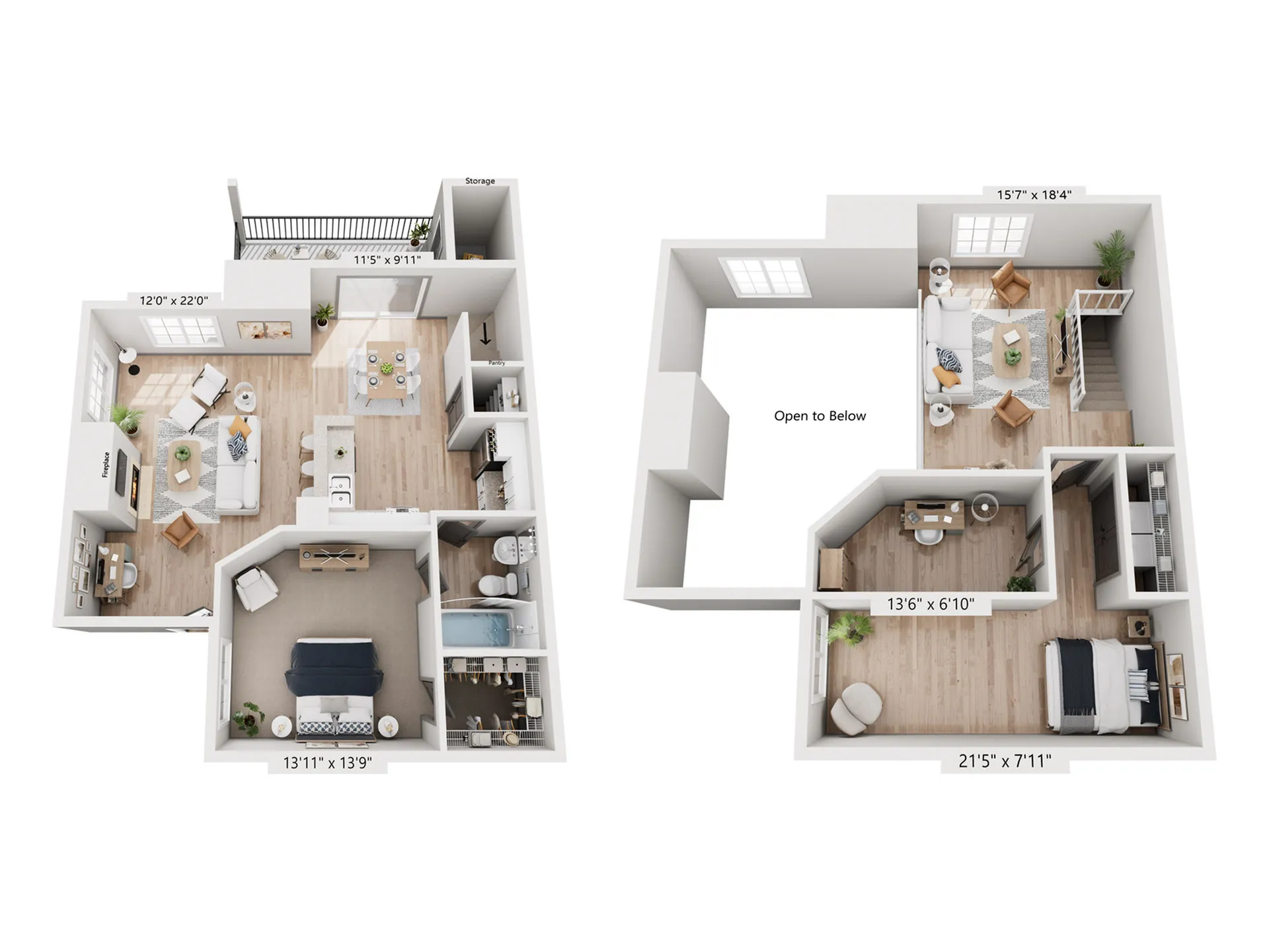 Chic two-story 3D floor plan featuring spacious living areas, elegant bedrooms, modern kitchen, and cozy balcony, designed for comfort and style.