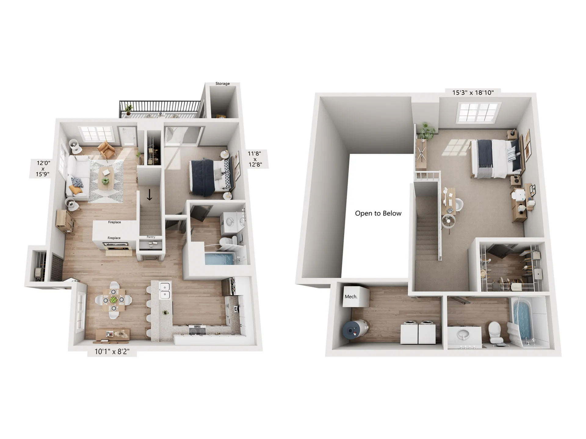 Elegant 3D floor plan of a two-story apartment featuring two bedrooms, an open-concept living area, modern kitchen, cozy fireplaces, and scenic balcony.
