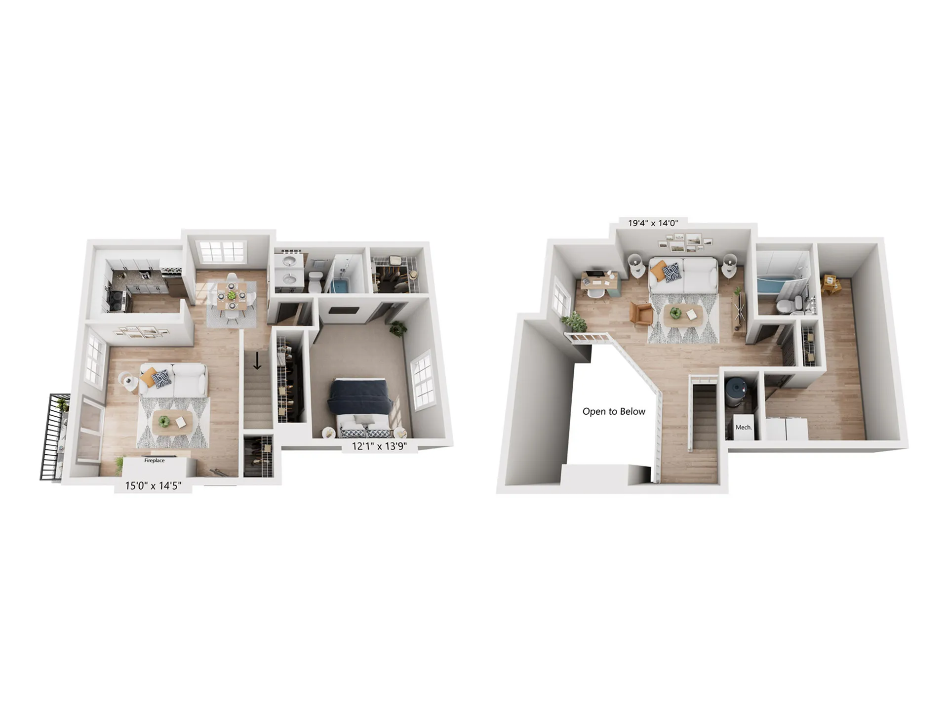 Charming bi-level floor plan with two cozy bedrooms, inviting living area, modern kitchen, and balcony access.