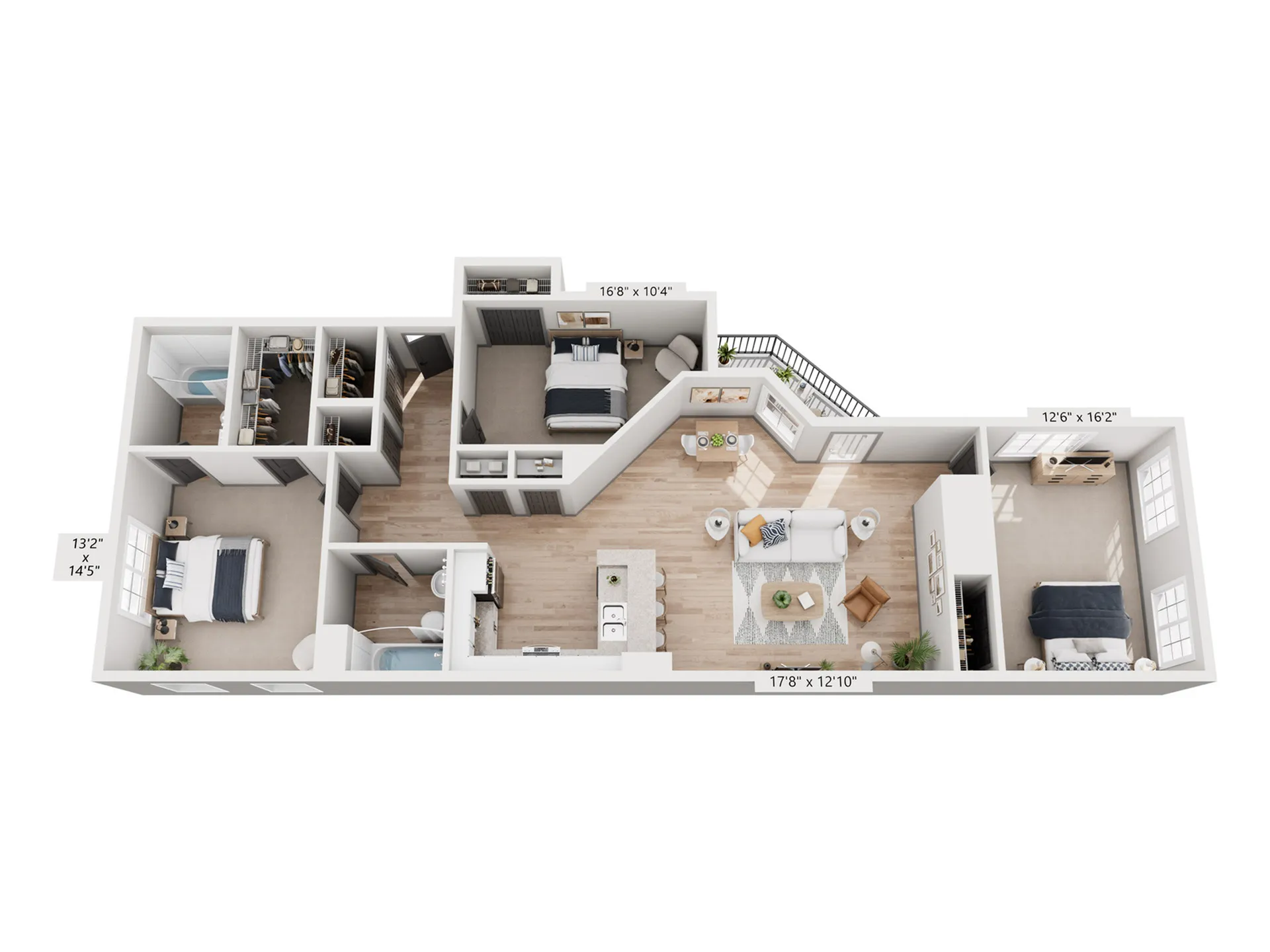Inviting 3D floor plan featuring three spacious bedrooms, a modern open-concept living room, and a stylish kitchen, designed for comfortable living.