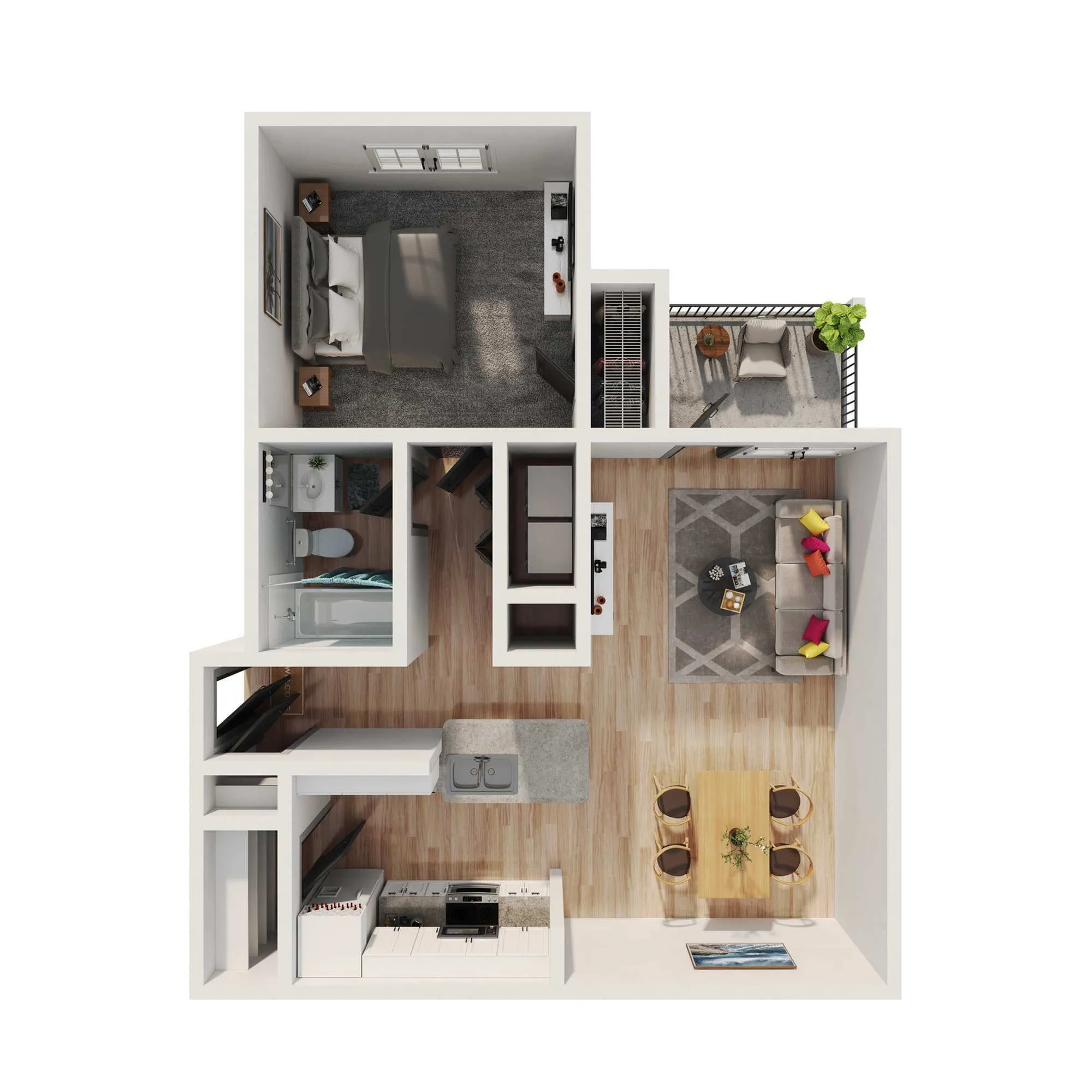 Modern 3D floor plan highlighting a cozy bedroom, open-concept kitchen with dining area, spacious living room, and charming balcony.