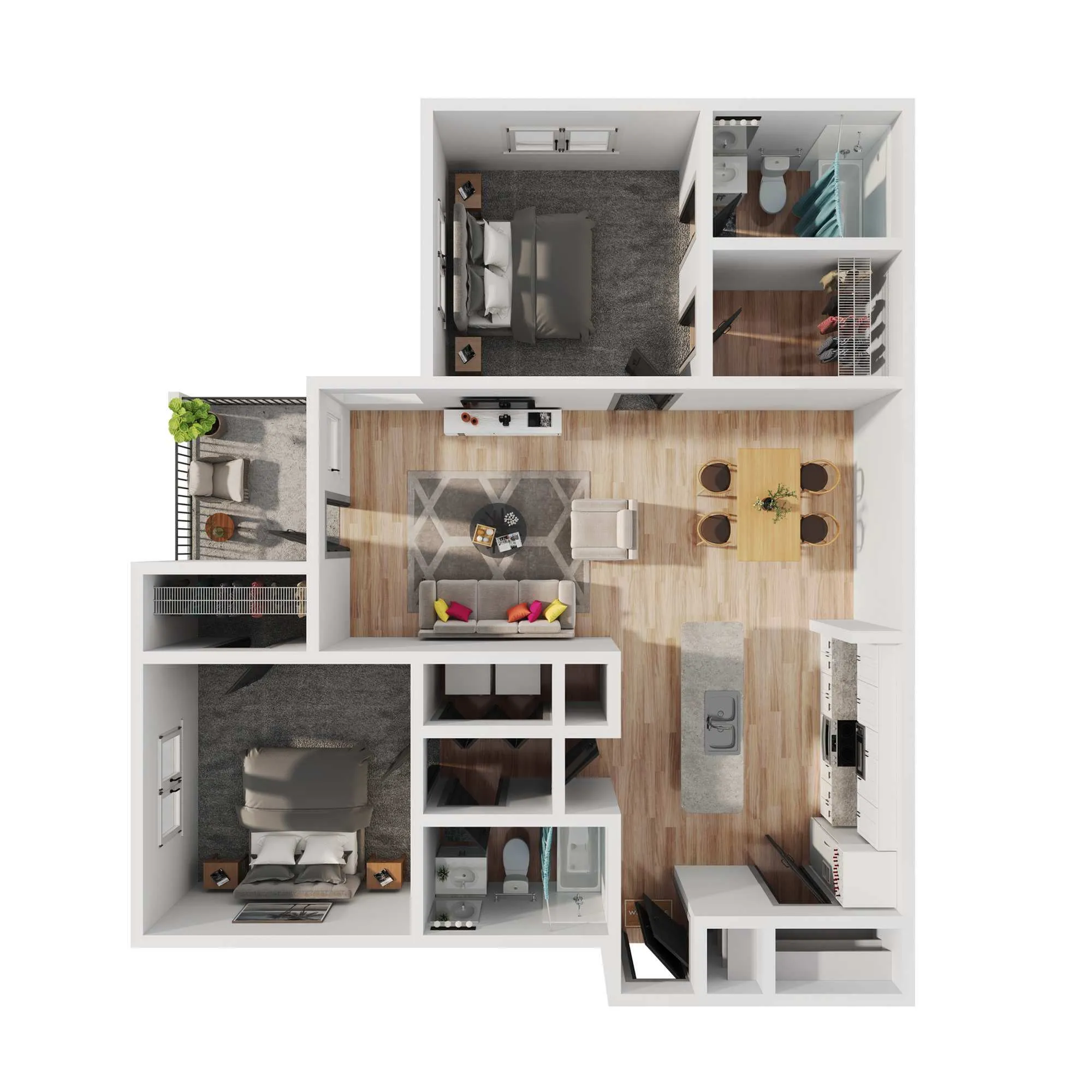 Modern 2-bedroom apartment floor plan with open living area, stylish kitchen, cozy balcony, and two well-appointed bathrooms.