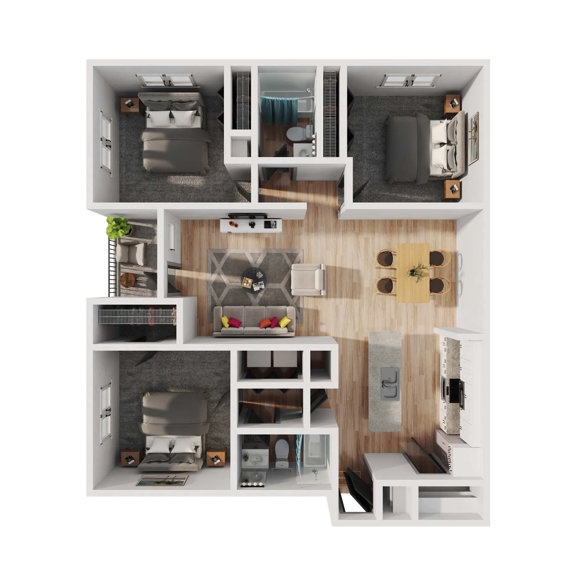 Modern 3D floor plan showcasing a spacious 3-bedroom apartment with an open-concept living and dining area, stylish kitchen, and two elegant bathrooms.