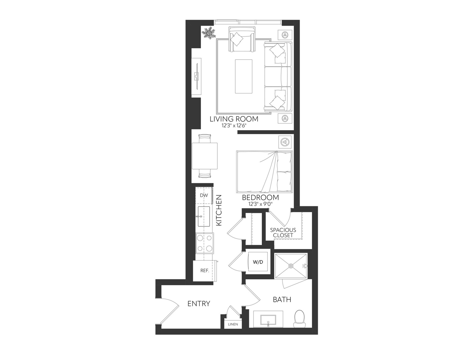 Modern floor plan featuring an open living room, cozy bedroom, sleek kitchen, and spacious closet with a well-designed bath area.