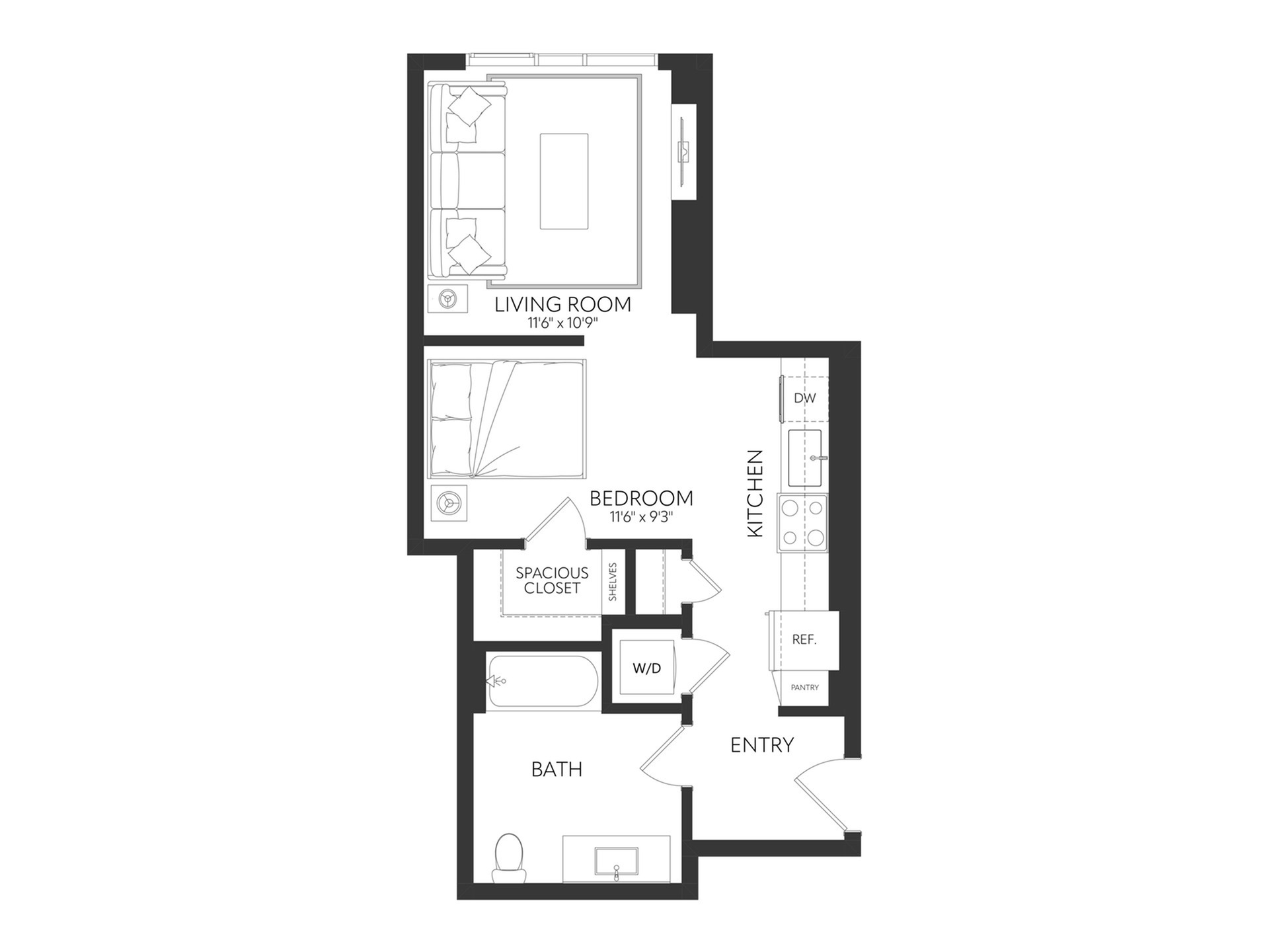 Modern 2D apartment floor plan featuring 1 bedroom, sleek kitchen, cozy living room, and spacious bath.