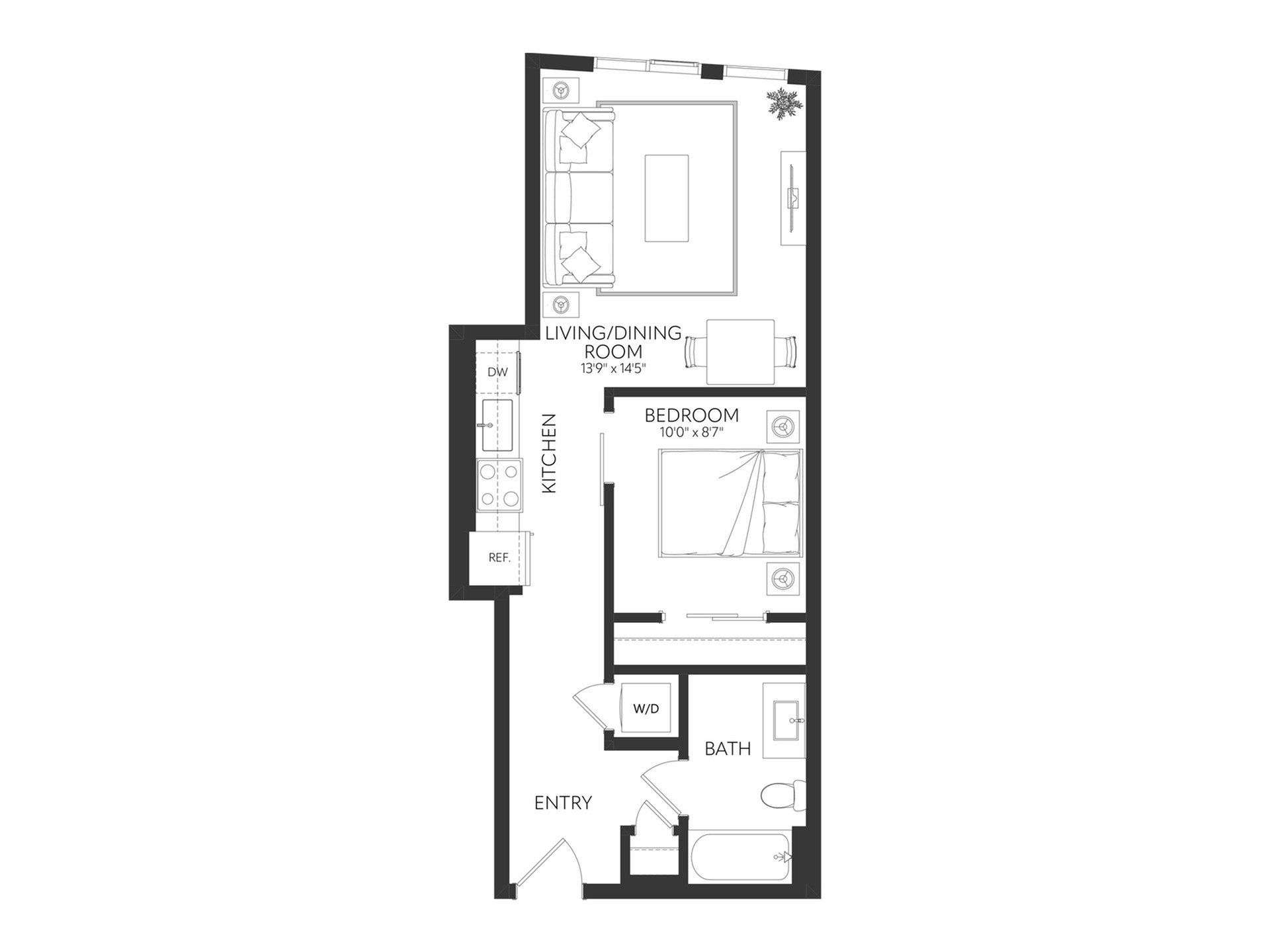 Modern floor plan featuring a sleek one-bedroom apartment with an open-concept living and dining area, compact kitchen, and convenient bathroom layout.