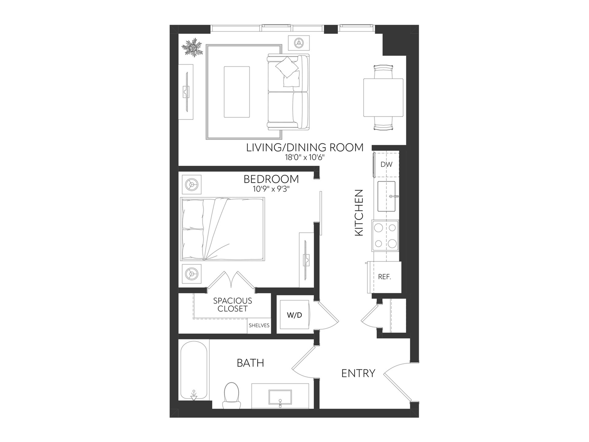Modern floor plan showcasing a one-bedroom apartment with a spacious living/dining area, sleek kitchen, and a luxurious bath.