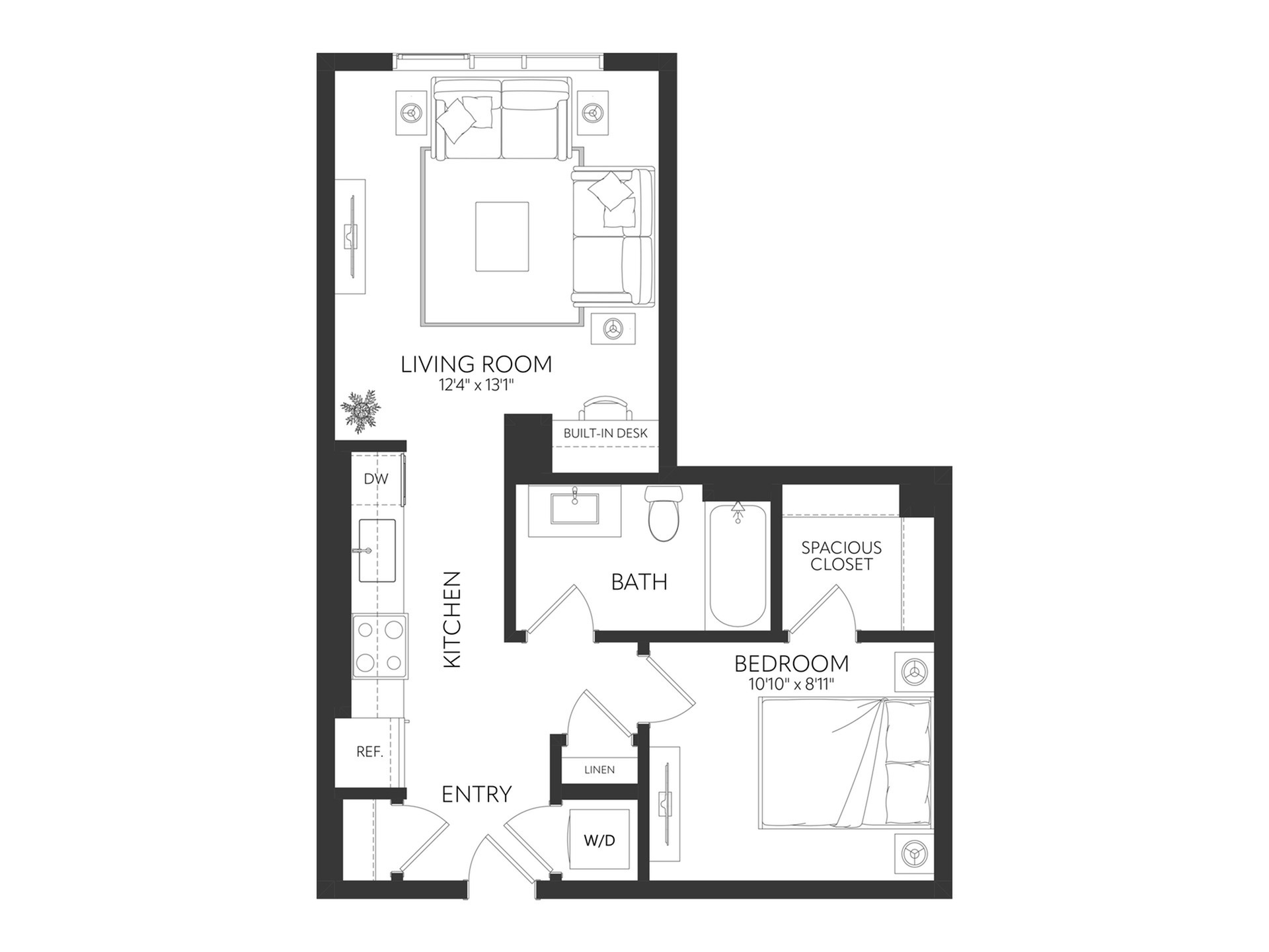 Modern floor plan featuring a spacious living room, cozy bedroom, stylish kitchen, and ample closet space.