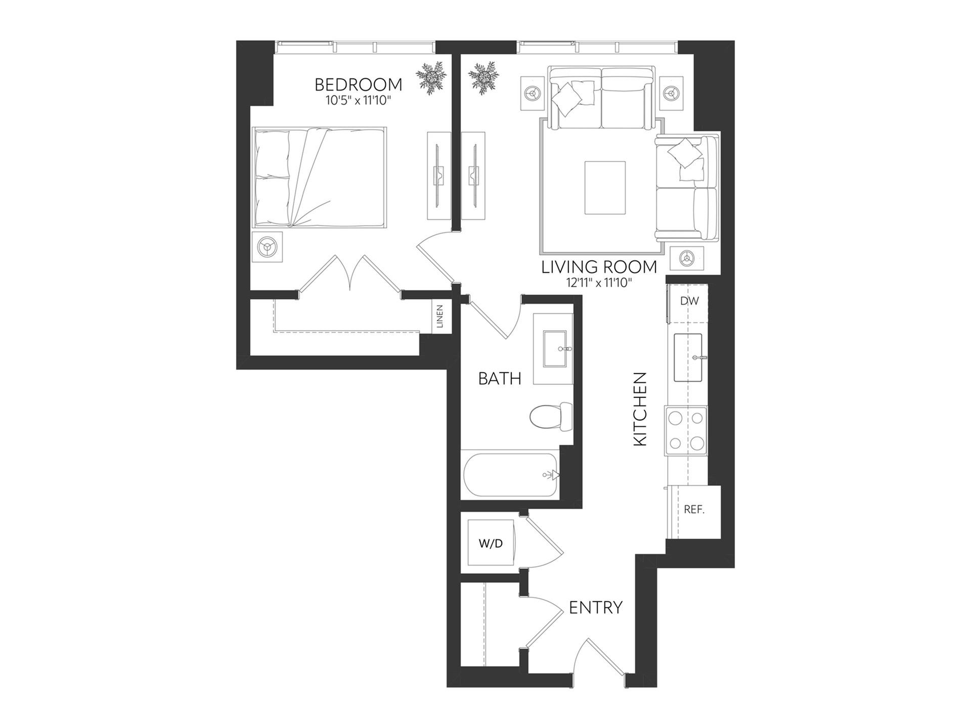 Modern apartment floor plan featuring a cozy bedroom, spacious living room, sleek kitchen, and elegant bathroom.