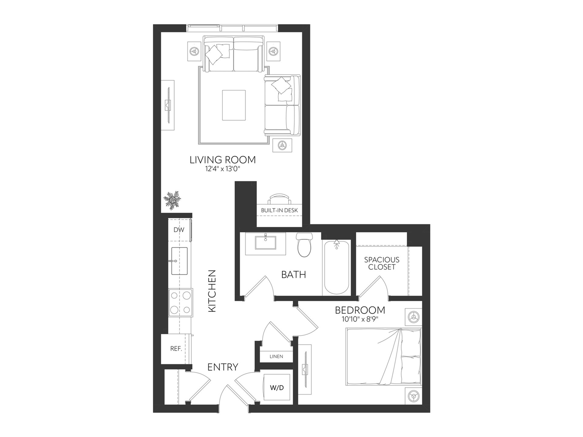 Modern apartment floor plan featuring a cozy bedroom, spacious living room, and functional kitchen with built-in desk and large closet.