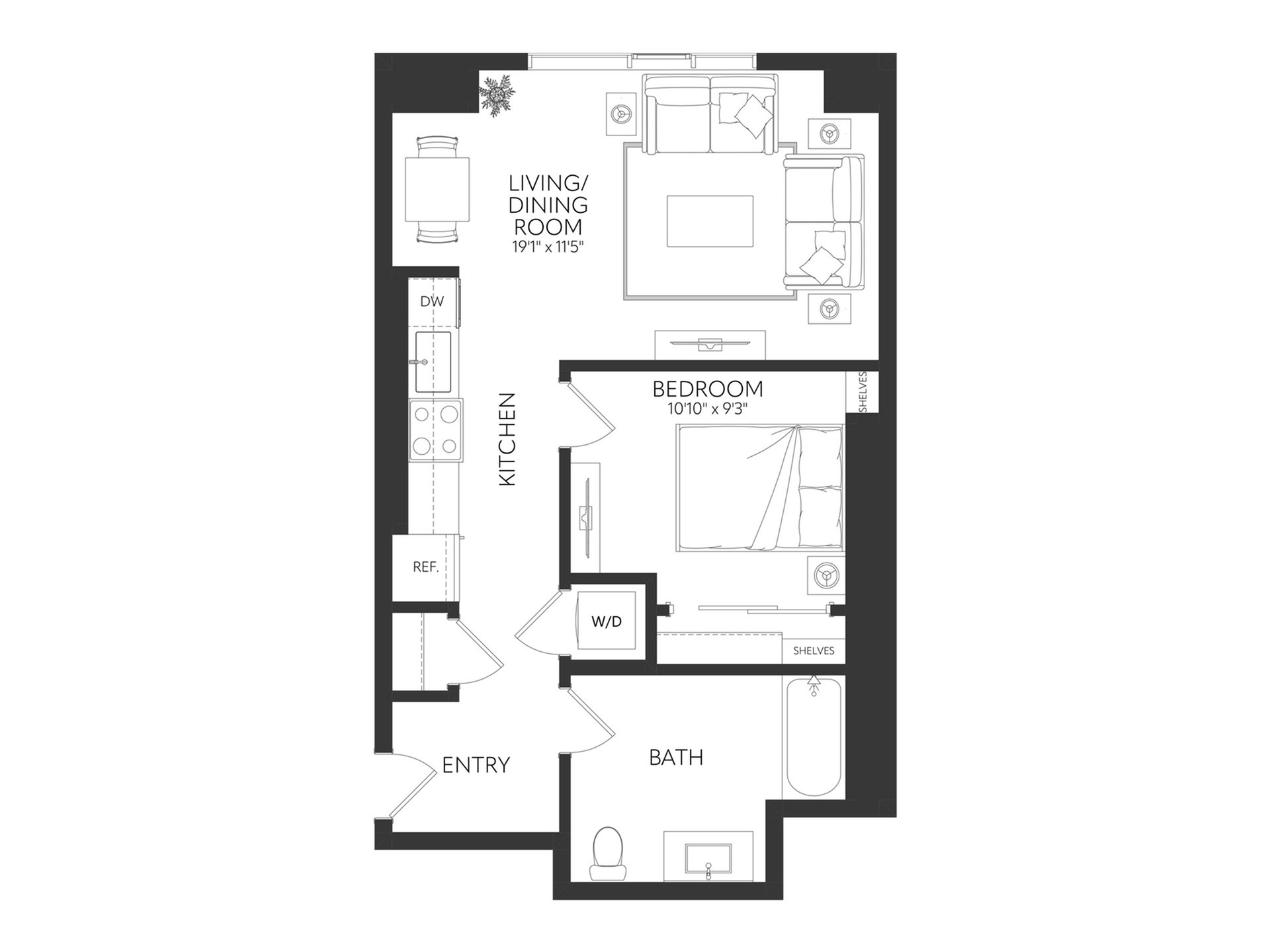 Modern apartment floor plan showcasing a cozy 1-bedroom layout with open living/dining area and a streamlined kitchen design.