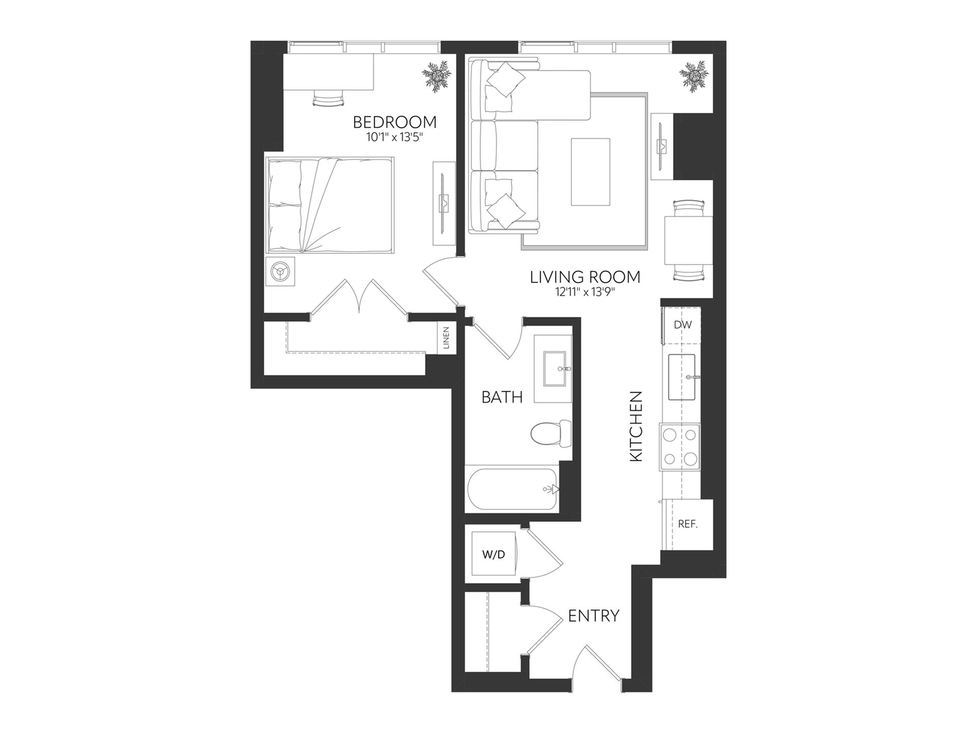 Modern floor plan showcasing a cozy 1-bedroom, open living room, sleek kitchen, and elegant bathroom.
