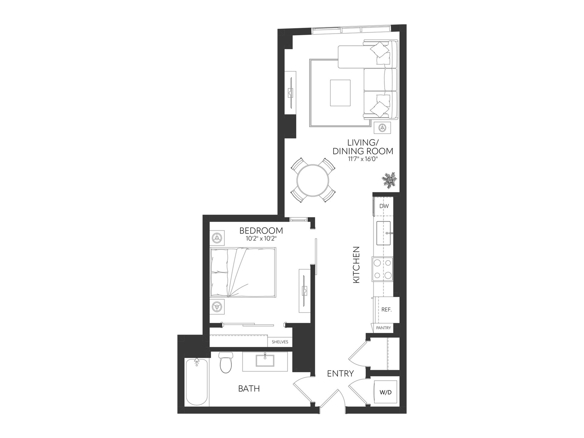 Modern 1-bedroom floor plan featuring a spacious living/dining room, sleek kitchen, and elegant bathroom.