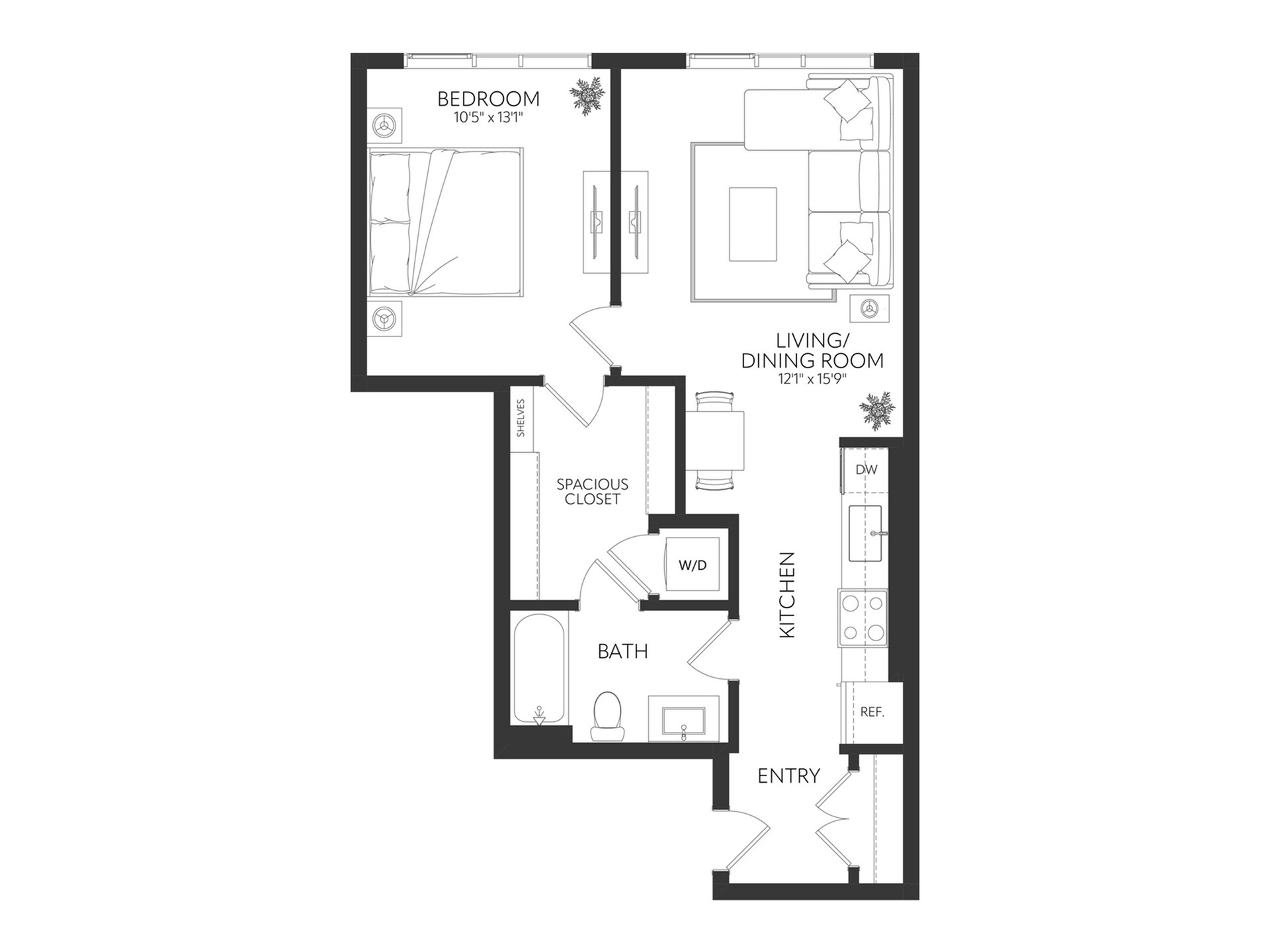 Contemporary floor plan highlighting 1 bedroom, a stylish living/dining area, and modern kitchen with convenient entry, spacious closet, and bath.