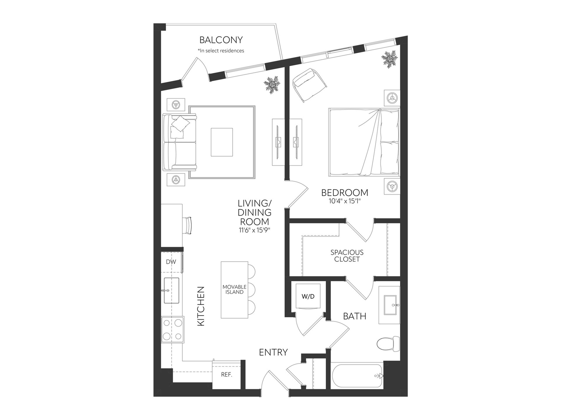 Modern 2D floor plan showcasing a spacious one-bedroom apartment with an open-plan living/dining area, kitchen, large bathroom, and private balcony.