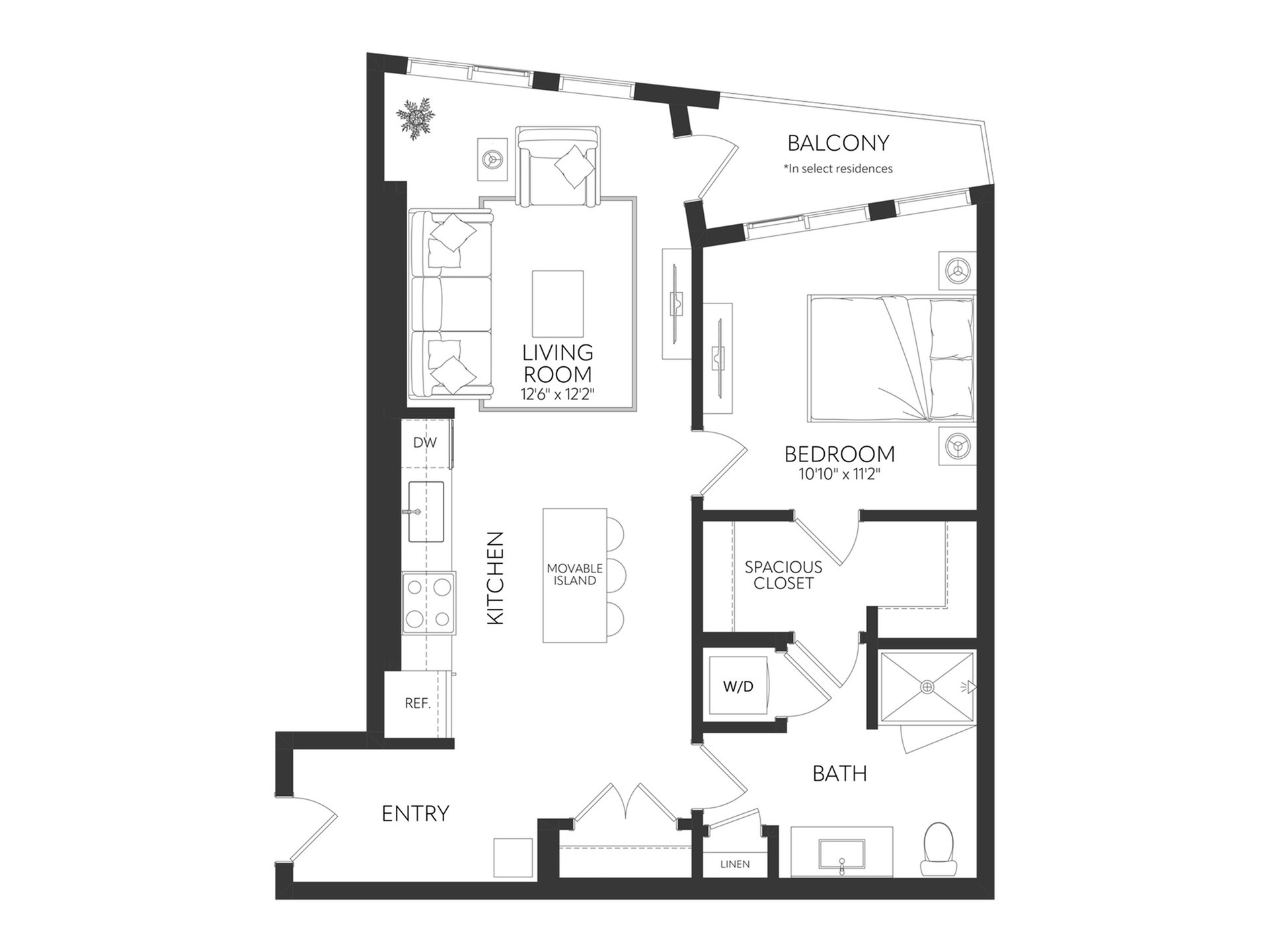 Modern floor plan featuring one bedroom with spacious closet, open living room, sleek kitchen with movable island, and private balcony.