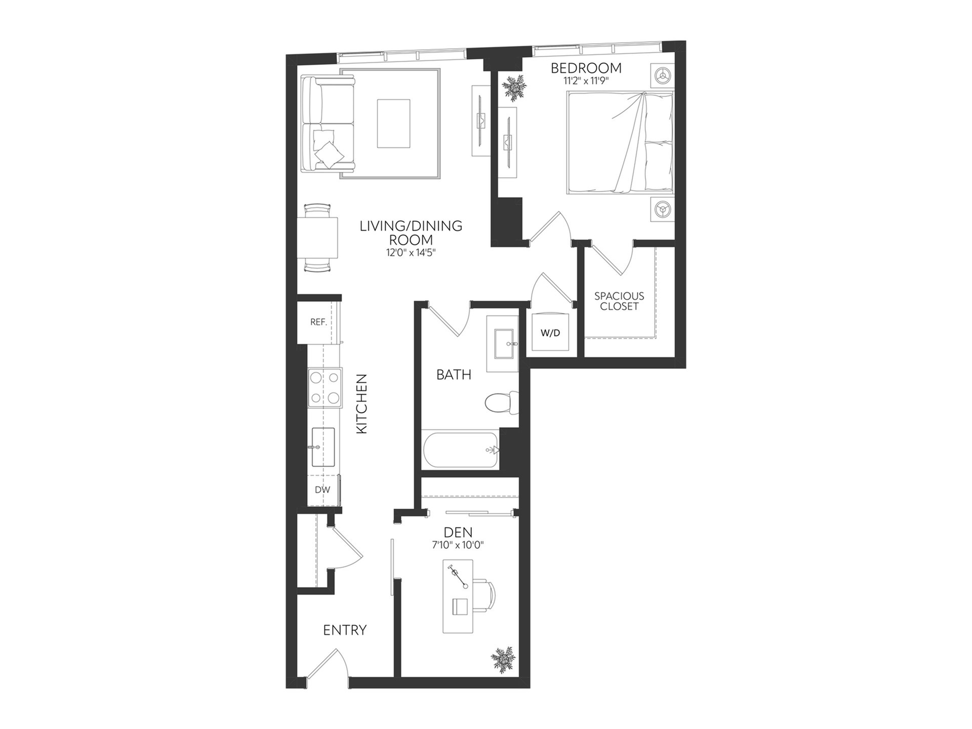 Modern 2D floor plan featuring a cozy 1-bedroom apartment with a spacious living/dining area, functional kitchen, den, and ample storage space.