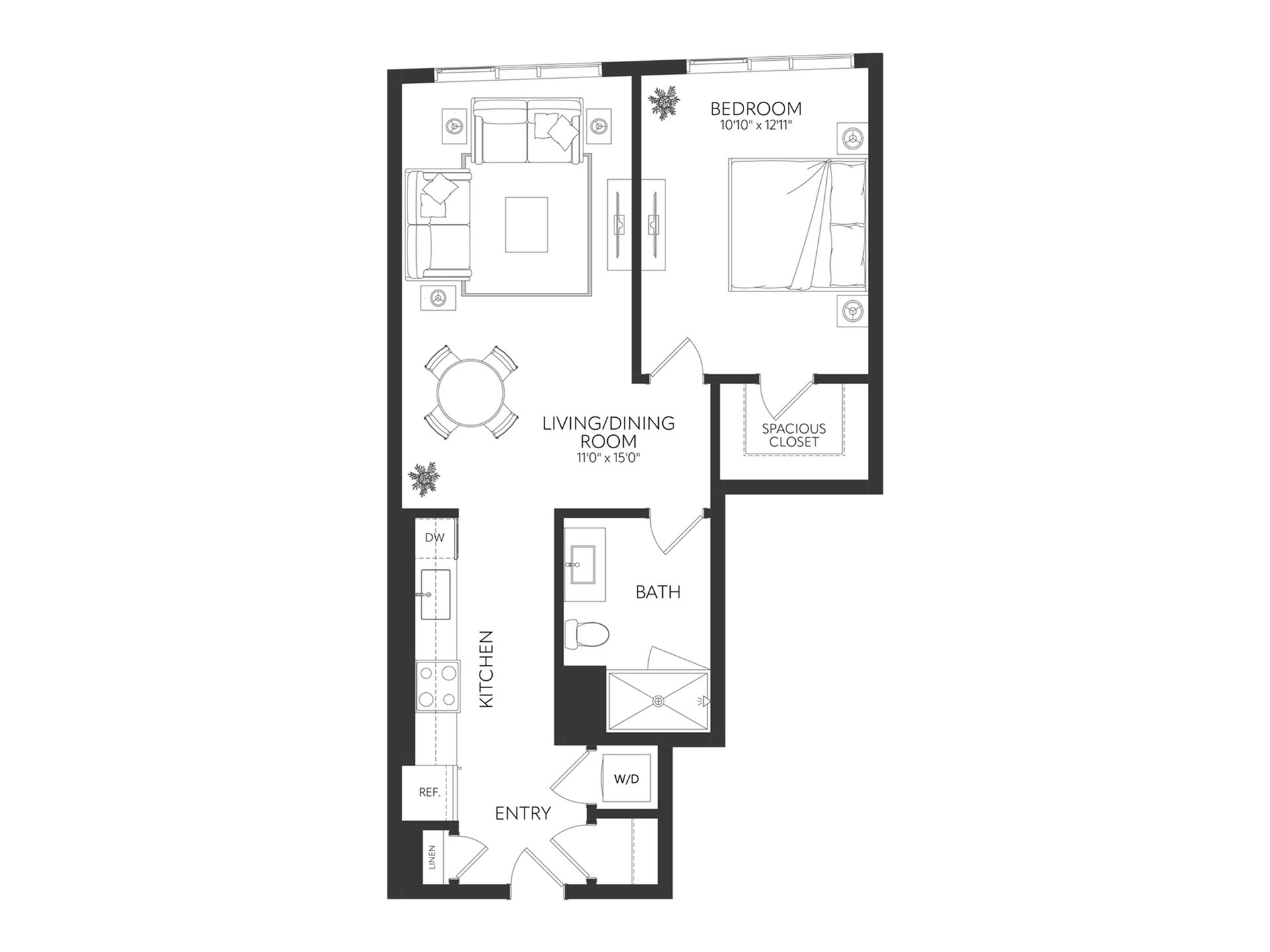 Modern 2D floor plan showcasing 1 bedroom with a spacious closet, open living/dining area, and efficiently designed kitchen.