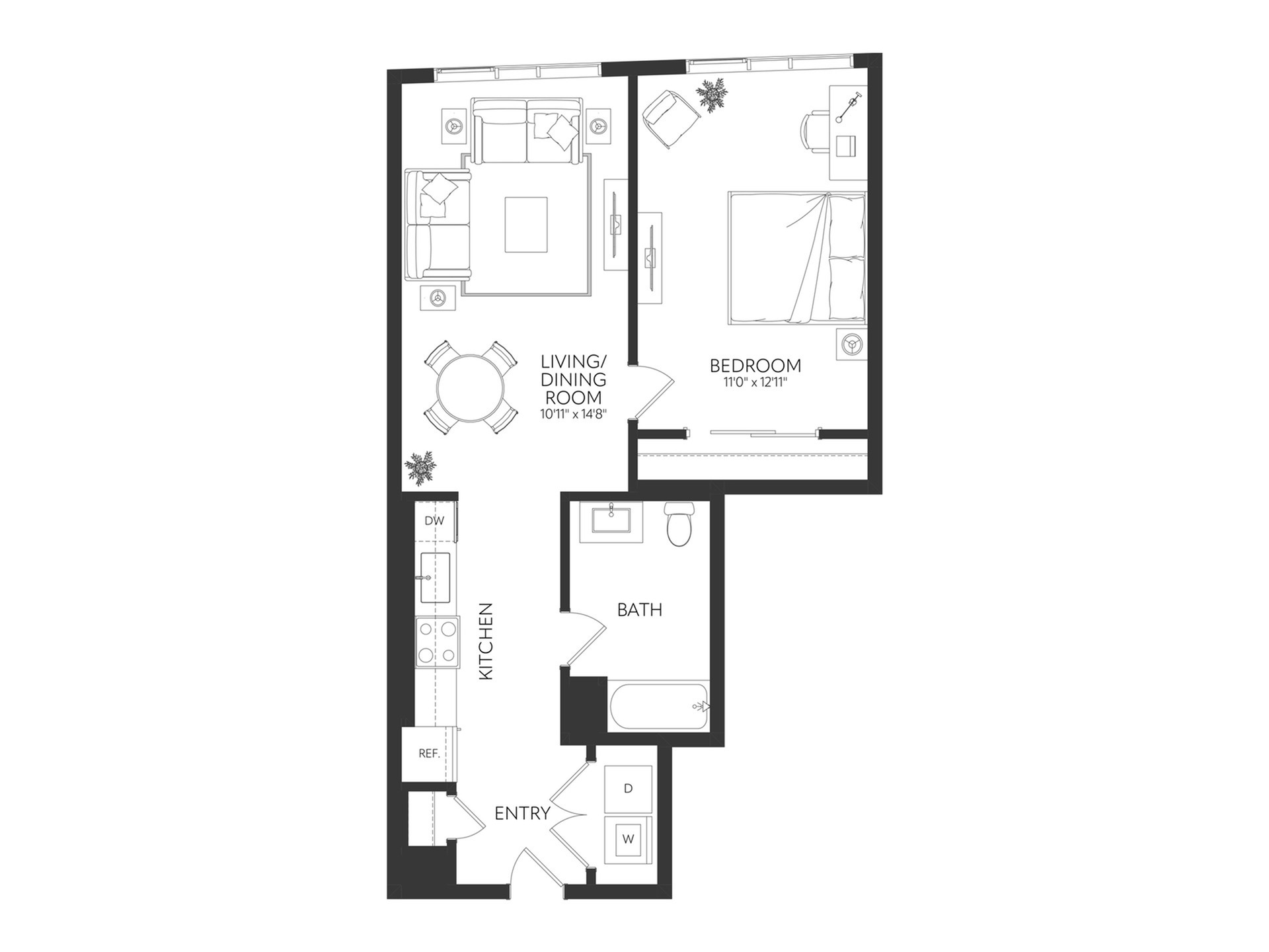 Modern 2D floor plan featuring a cozy bedroom, spacious living/dining area, and efficient kitchen with a dedicated bath.