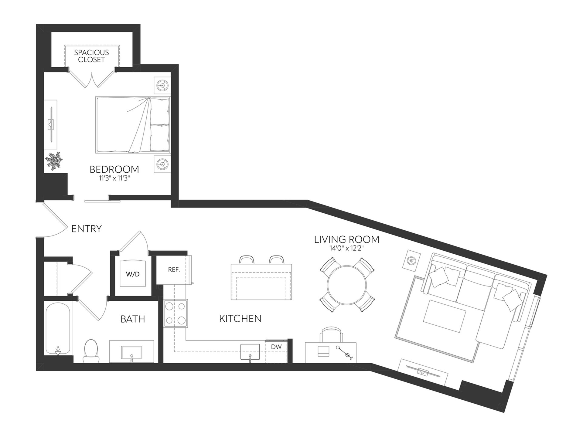 Sleek and modern floor plan showcasing one-bedroom layout with spacious living room, contemporary kitchen, and luxurious bath.