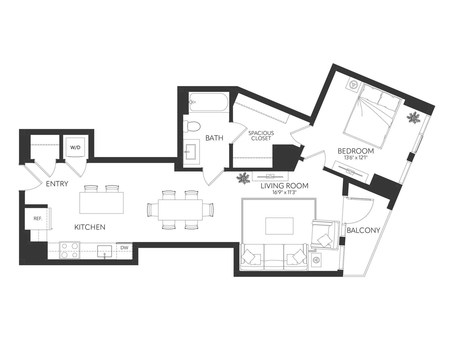 Modern floor plan showcasing 1 bedroom, spacious living room, open kitchen with island, and private balcony.