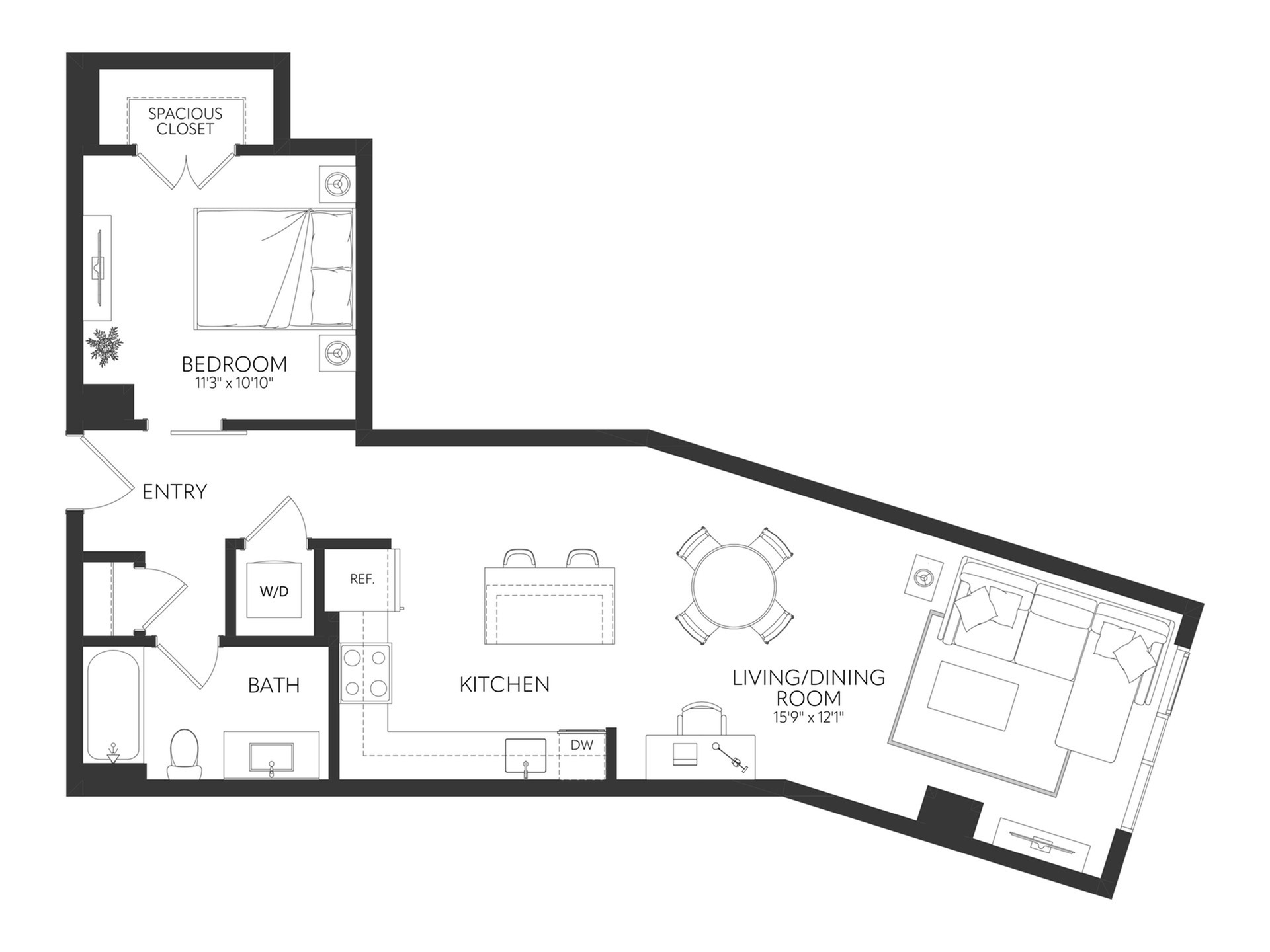 Modern floor plan featuring a cozy bedroom, spacious living and dining area, sleek kitchen, and elegant bathroom, complete with a roomy closet.