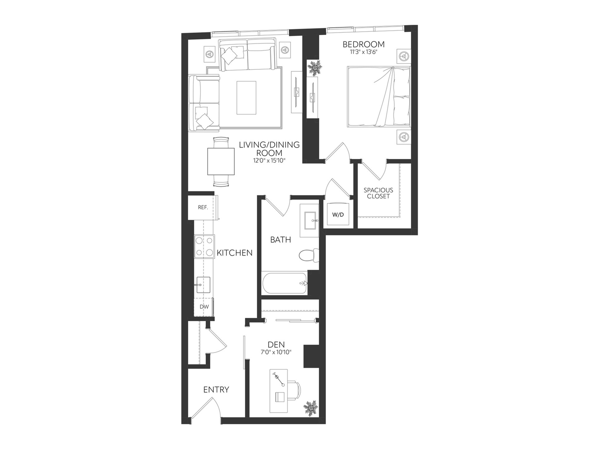 Modern floor plan showcasing a spacious 1-bedroom with open living/dining area, efficient kitchen, den, and ample closet space.