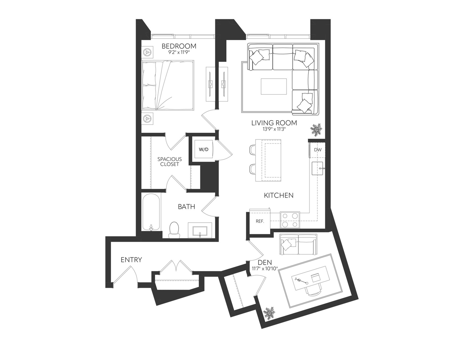 Contemporary floor plan showcasing a one-bedroom apartment with a spacious living room, modern kitchen, bright den, and a convenient bath layout.